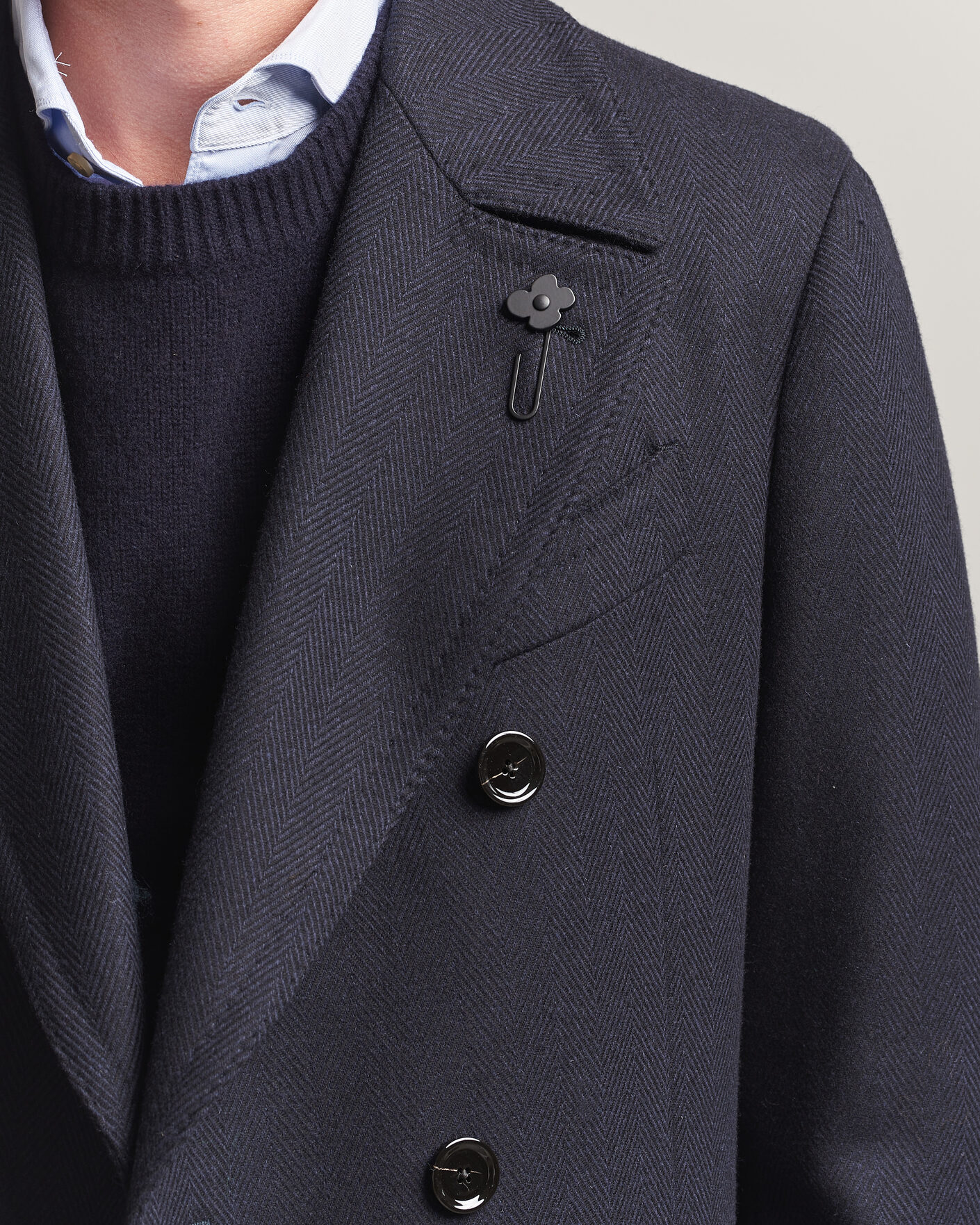 Mies | Takit | Lardini | Ulster Wool/Cashmere Tonal Herringbone Coat Navy