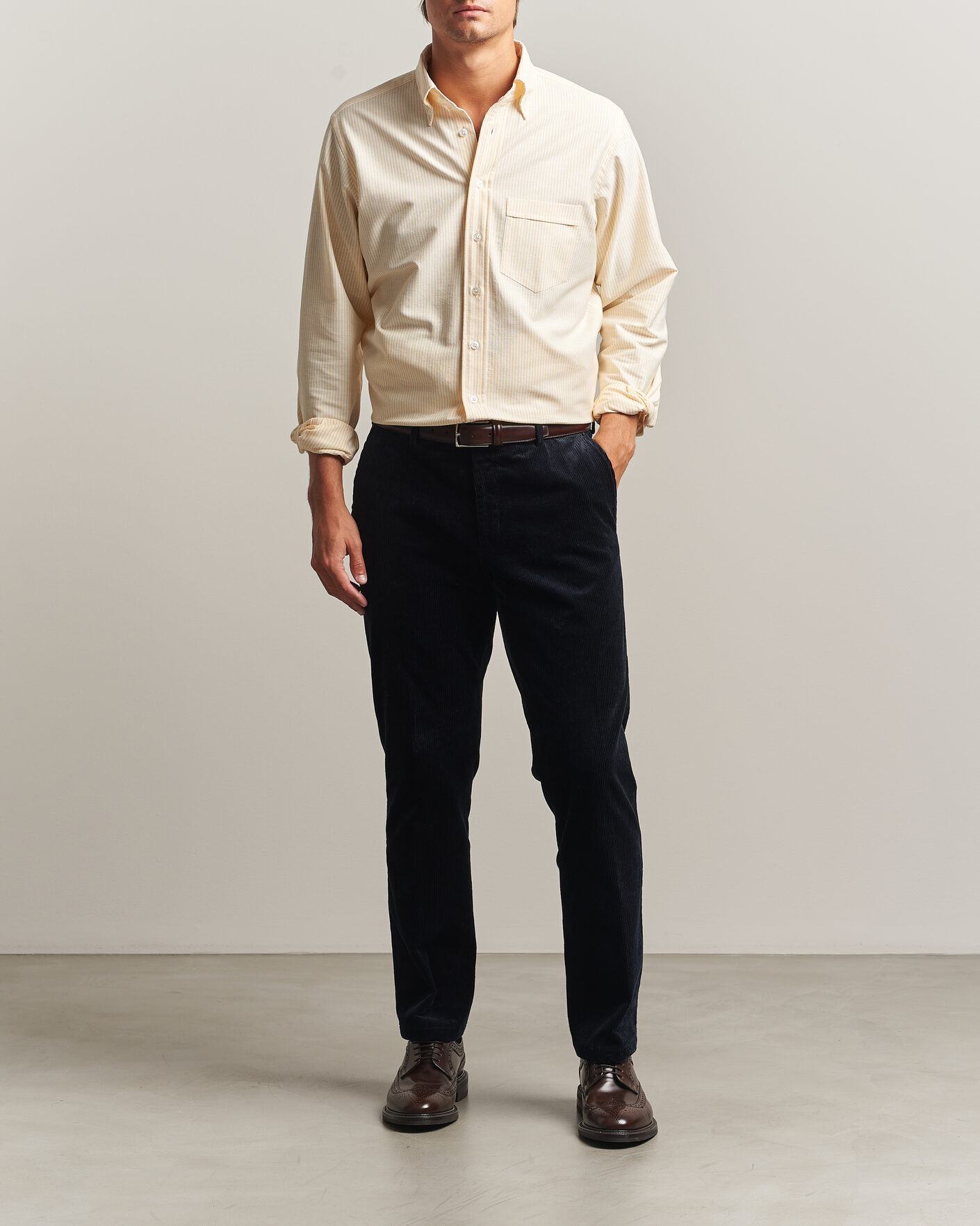Mies | Kauluspaidat | Drake's | Striped Button Down Oxford Shirt Yellow