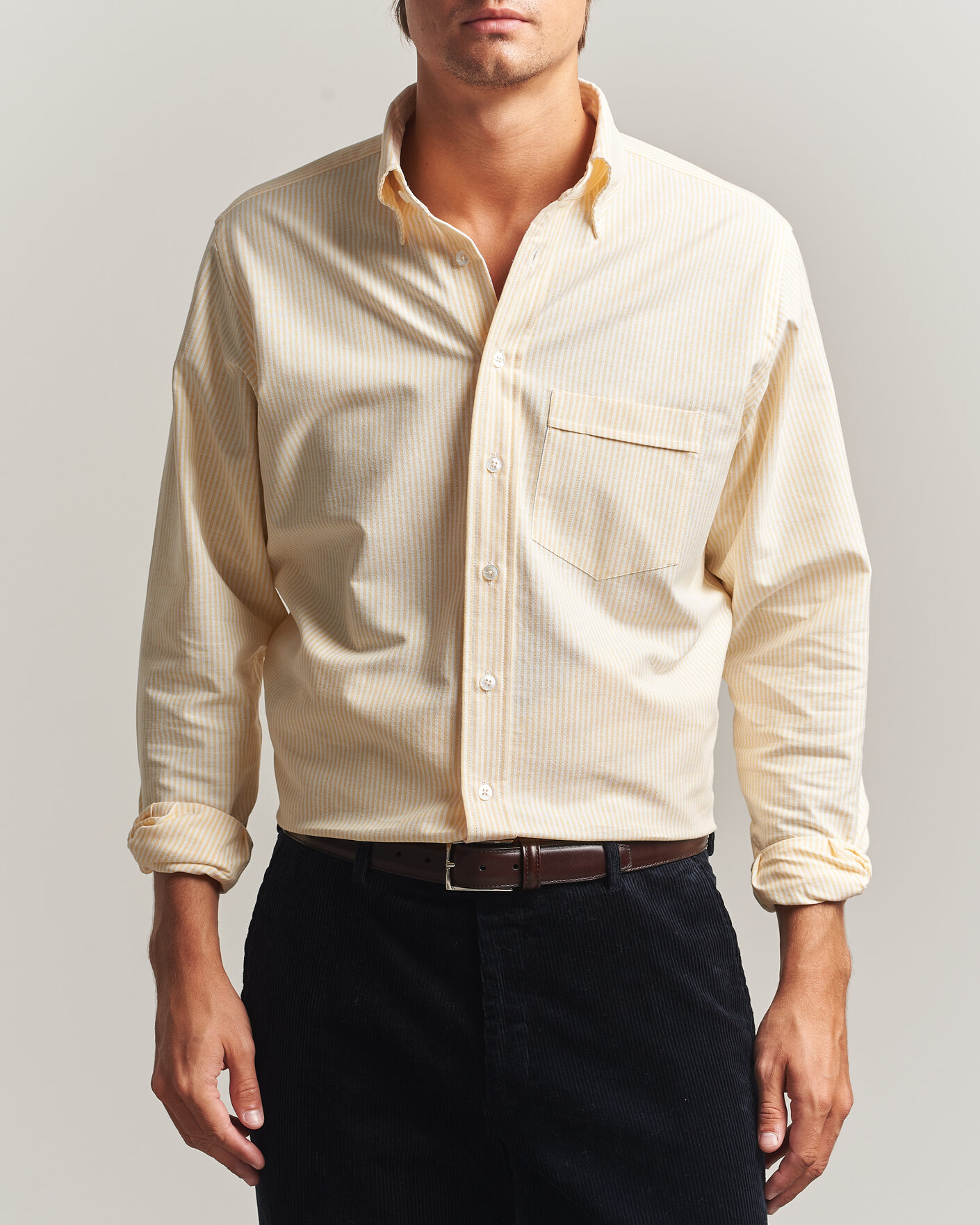 Mies | Kauluspaidat | Drake's | Striped Button Down Oxford Shirt Yellow