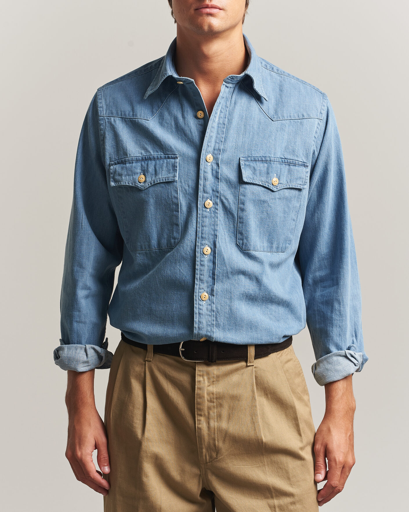 Mies | Kauluspaidat | Drake's | Denim Western Shirt Bleached Blue