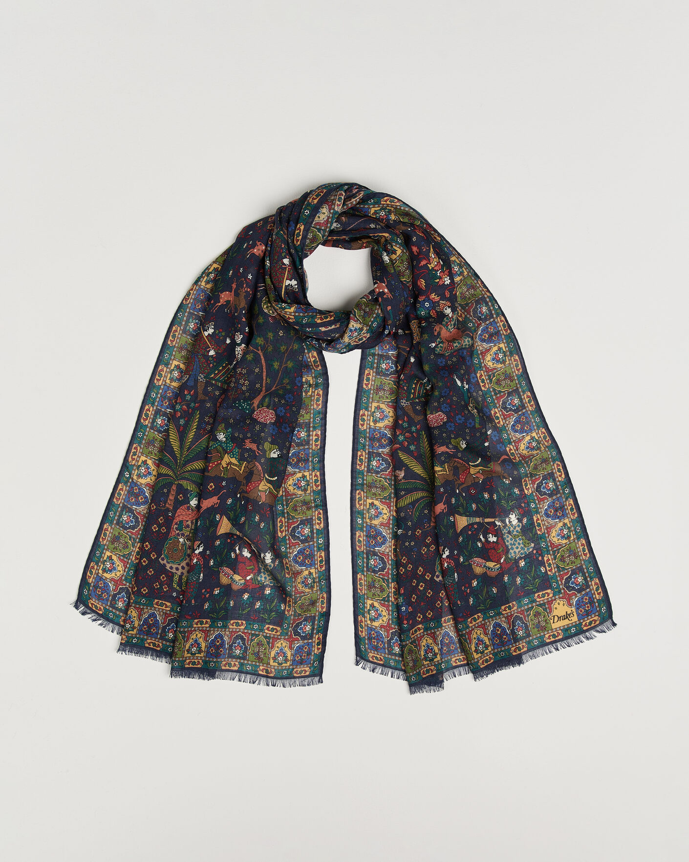 Mies | Huivit | Drake's | Mughal Garden Wool/Silk Scarf Navy