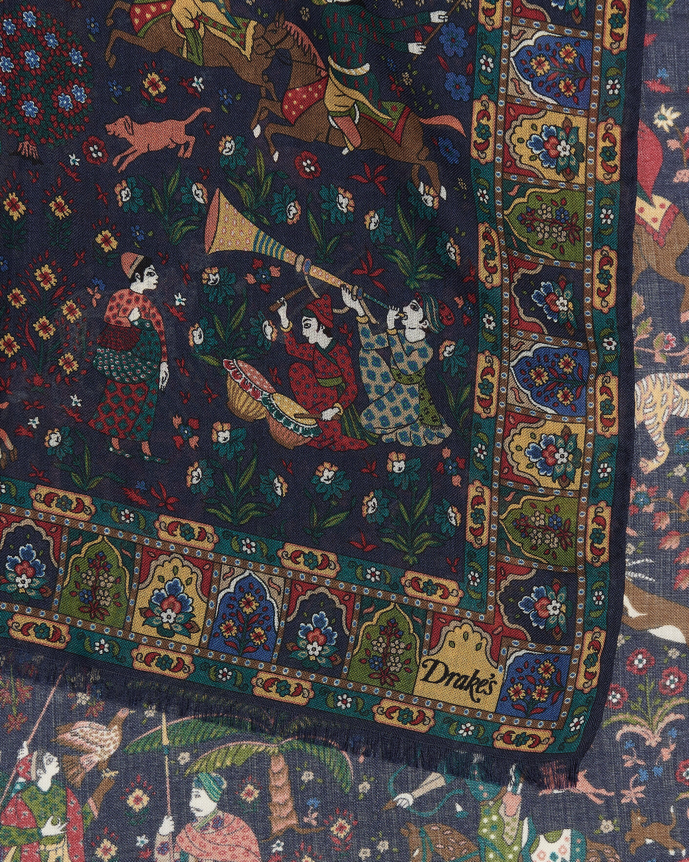 Mies | Huivit | Drake's | Mughal Garden Wool/Silk Scarf Navy