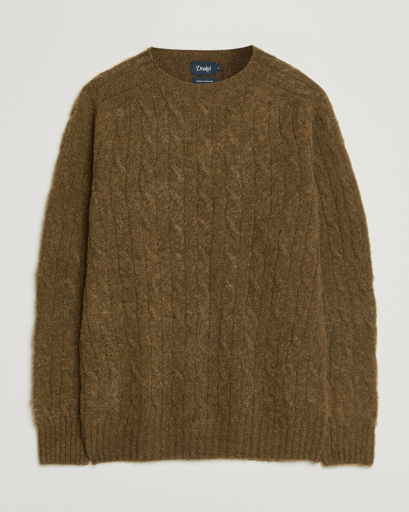 Mies | Puserot | Drake's | Brushed Shetland Cable Crew Moorland Olive