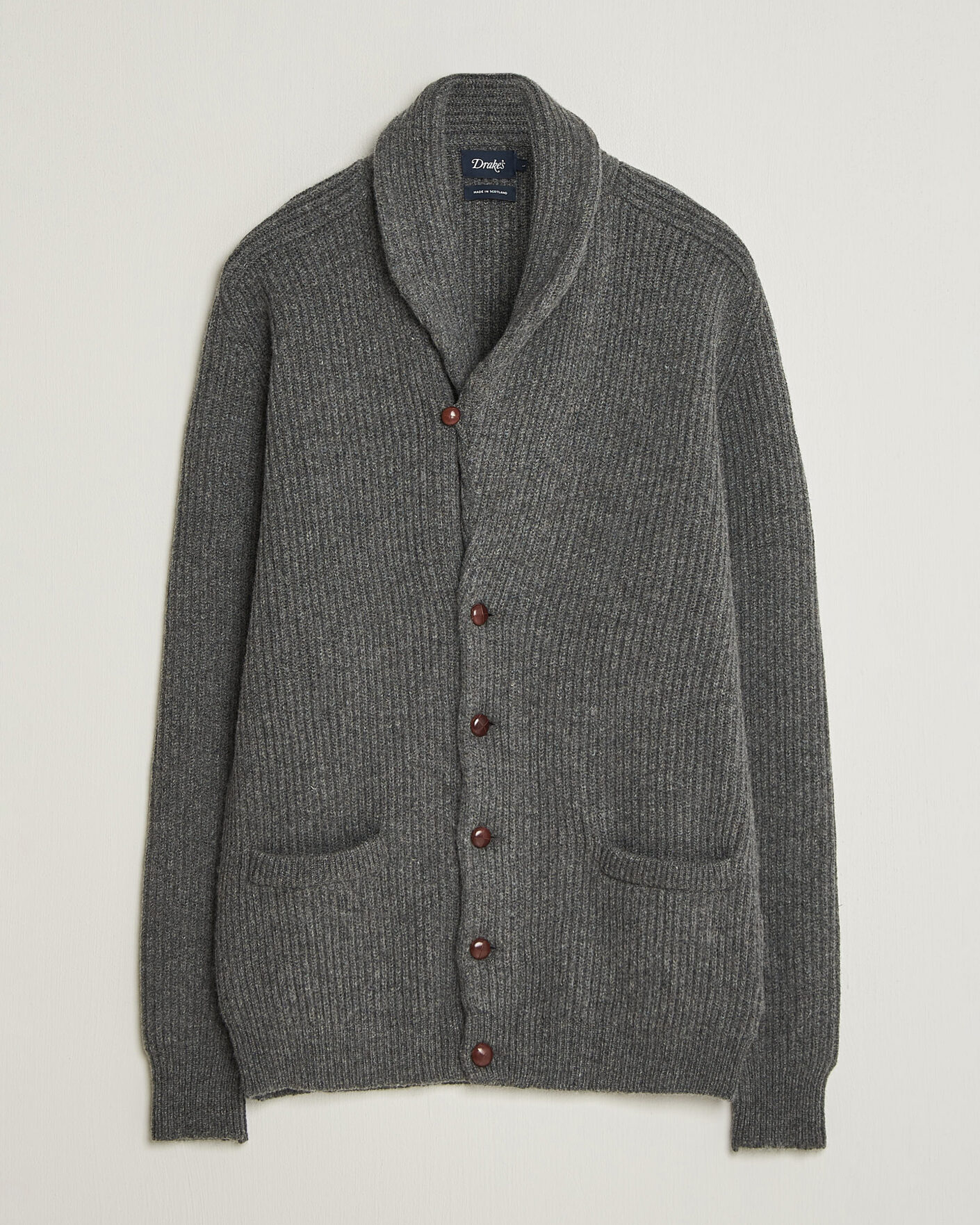 Mies | Puserot | Drake's | Lambswool Shawl Collar Rib Cardigan Grey