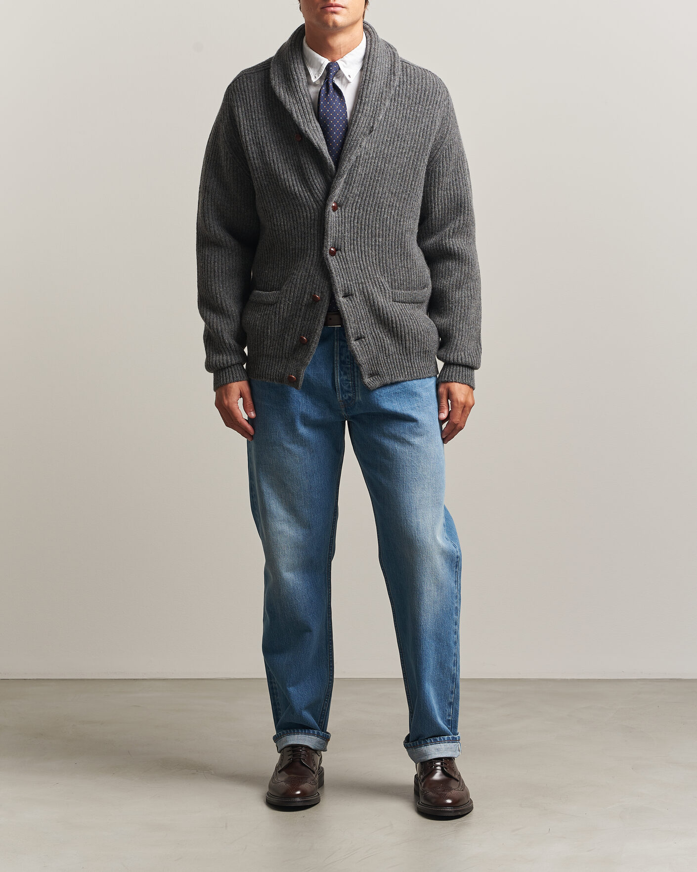 Mies | Puserot | Drake's | Lambswool Shawl Collar Rib Cardigan Grey