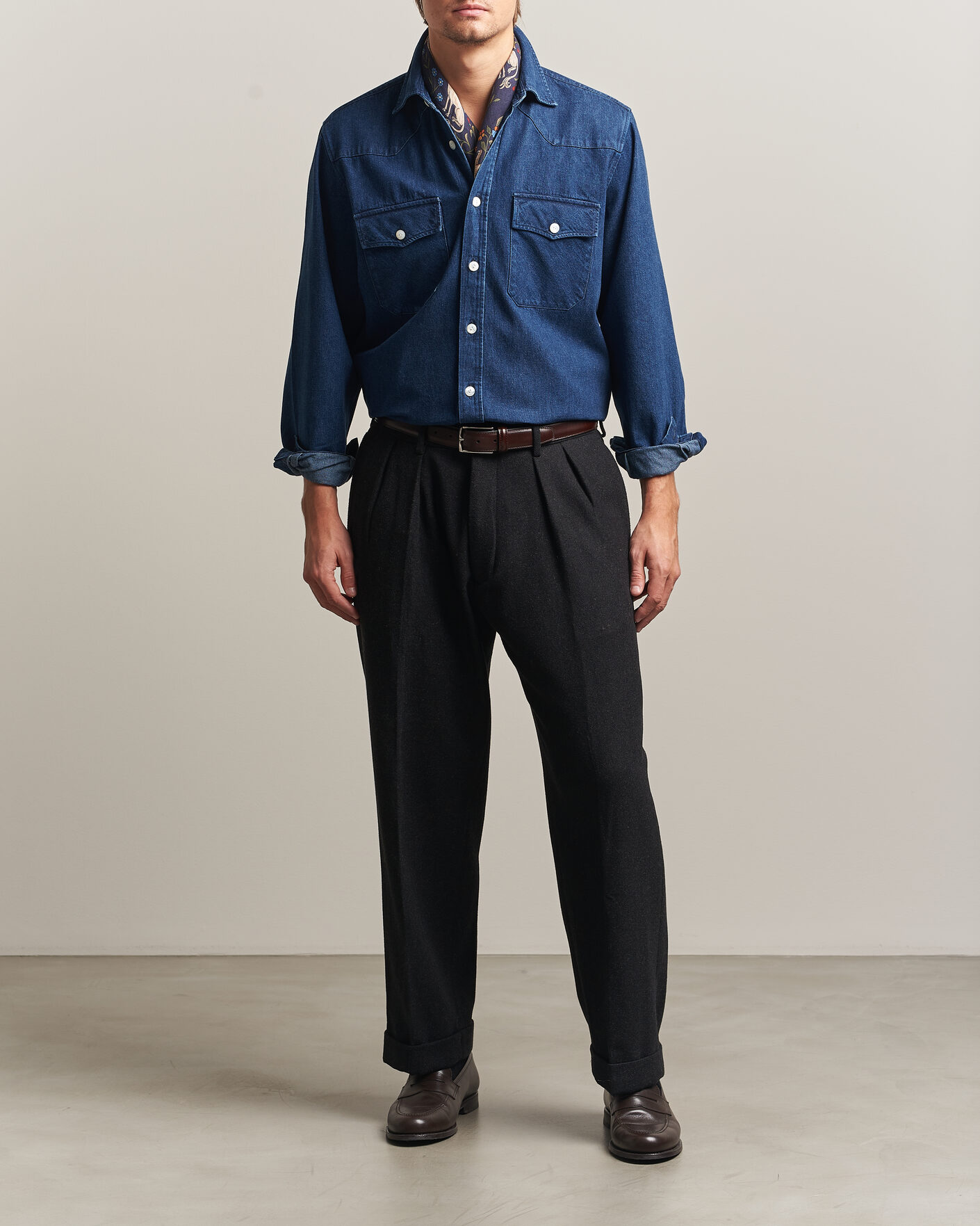 Mies | Kauluspaidat | Drake's | Western Selvedge Denim Shirt Stone Wash Indigo