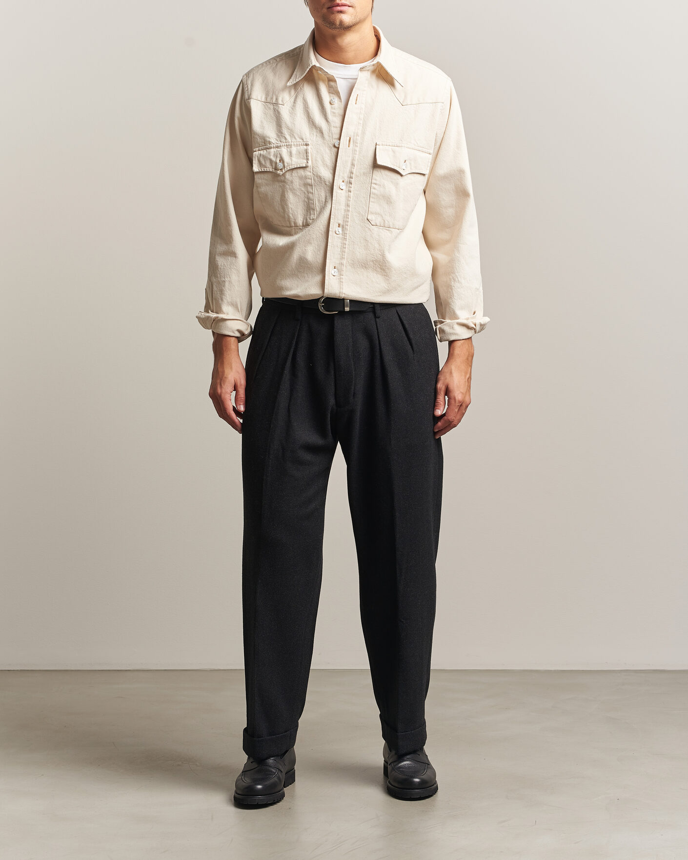 Mies | Kauluspaidat | Drake's | Western Denim Shirt Stone Wash Ecru