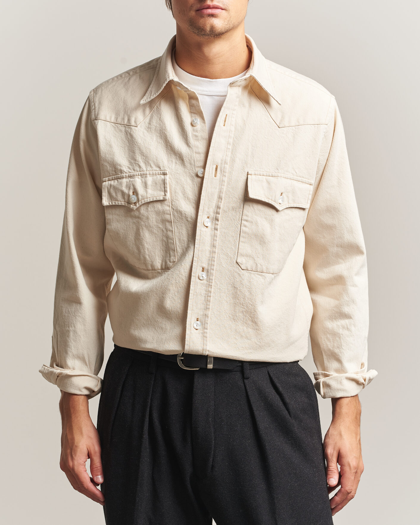 Mies | Kauluspaidat | Drake's | Western Denim Shirt Stone Wash Ecru