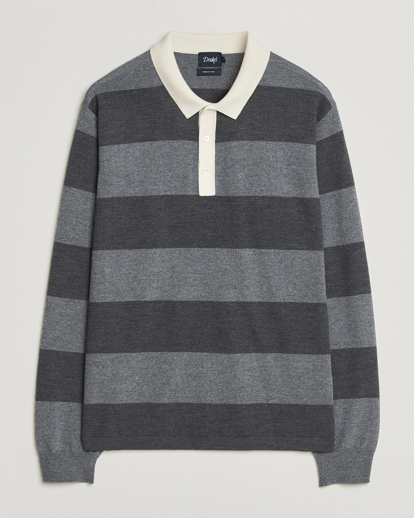 Mies | Puserot | Drake's | Block Stripe Knitted Rugby Mid Grey