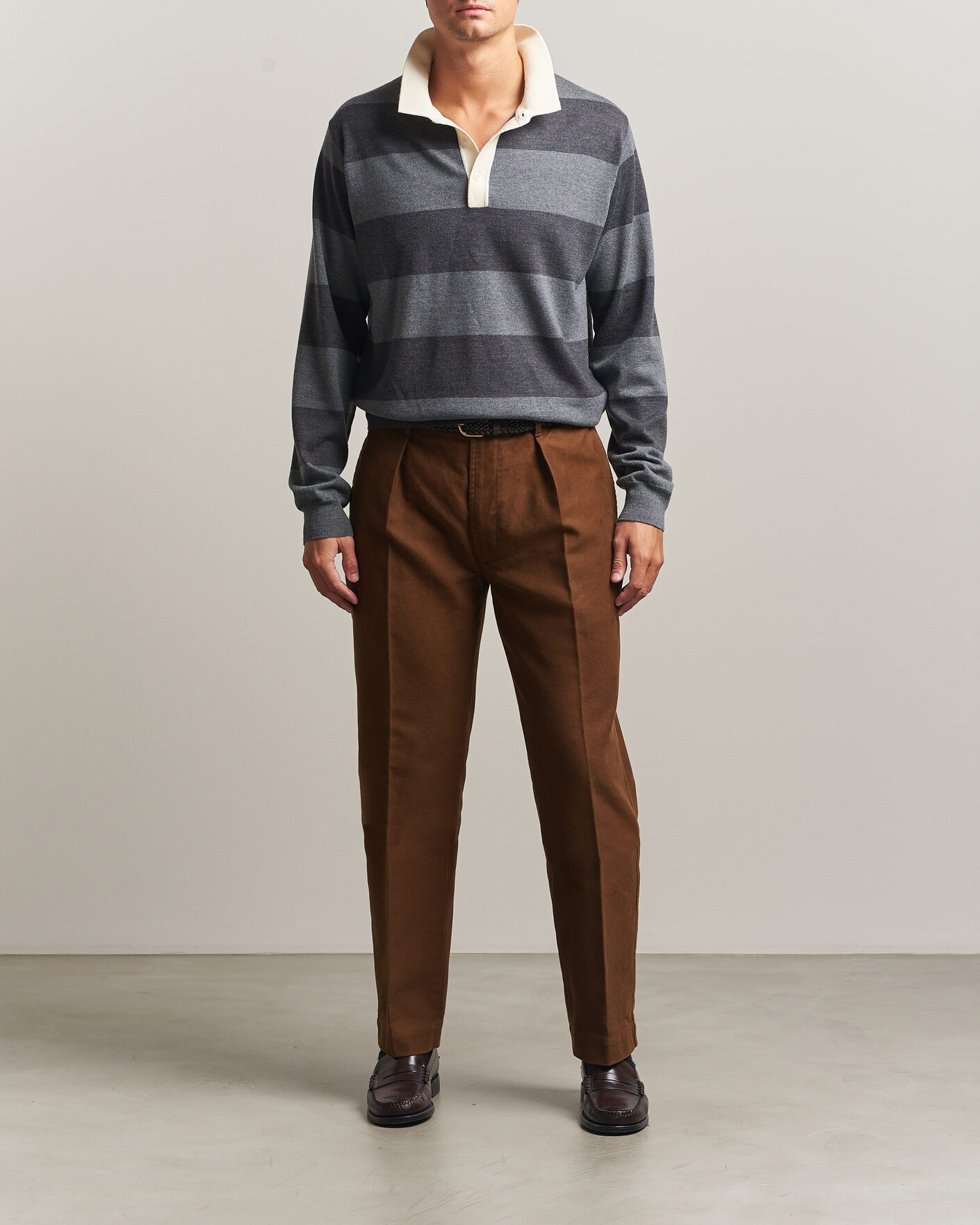 Mies | Puserot | Drake's | Block Stripe Knitted Rugby Mid Grey