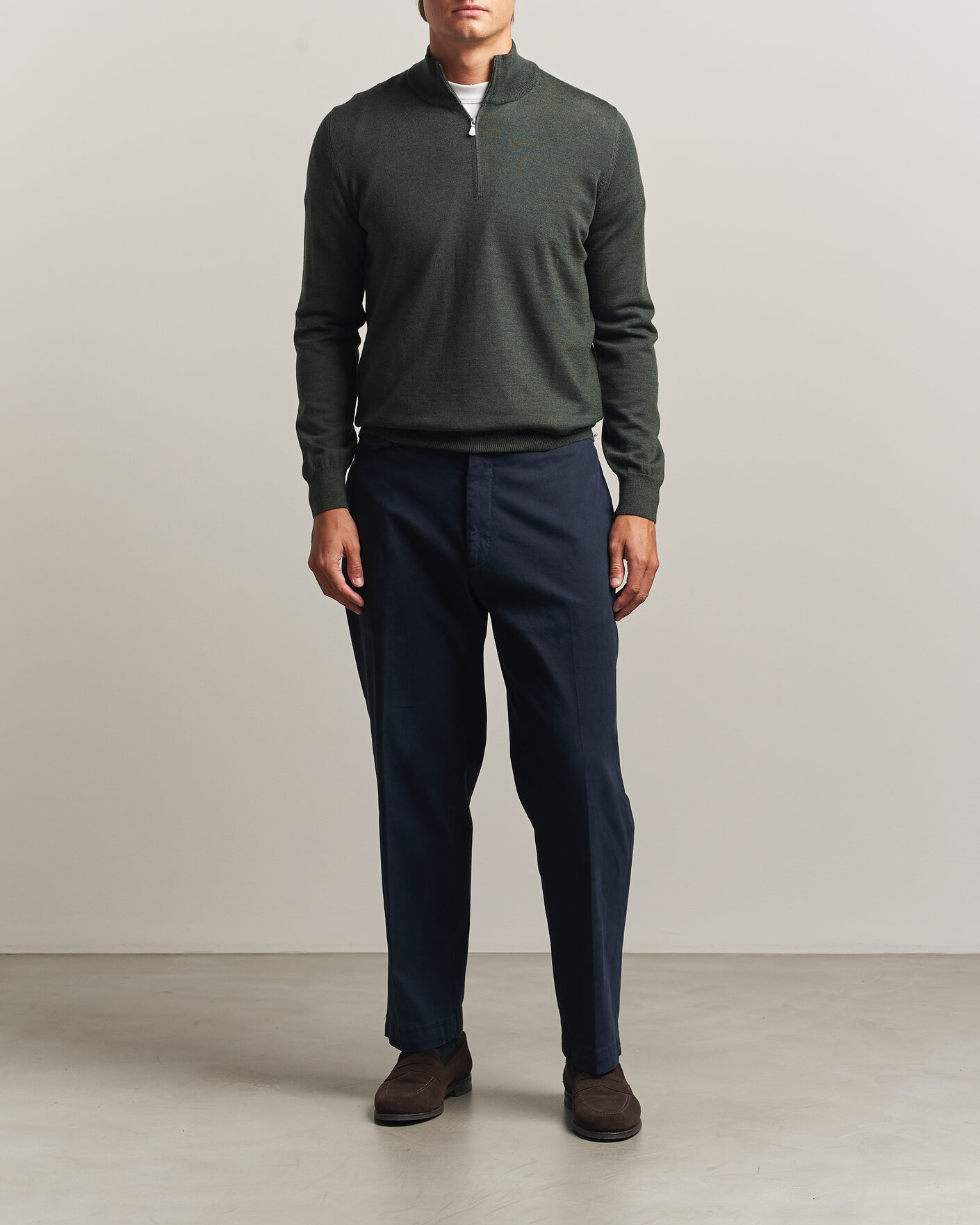 Mies | Puserot | Gran Sasso | Merino Fashion Fit Half Zip Olive Melange