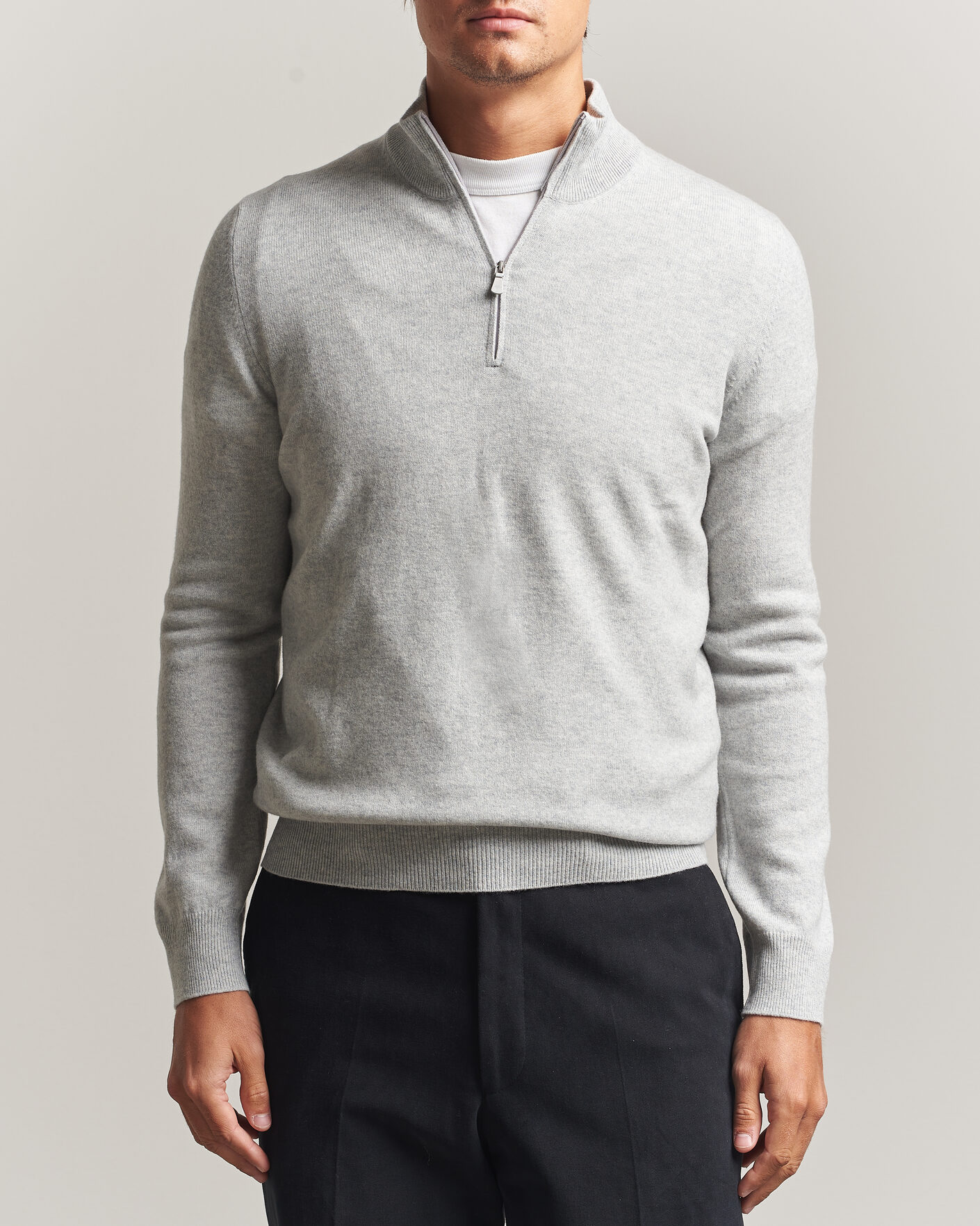 Mies | Puserot | Gran Sasso | Wool/Cashmere Half Zip Light Grey Melange