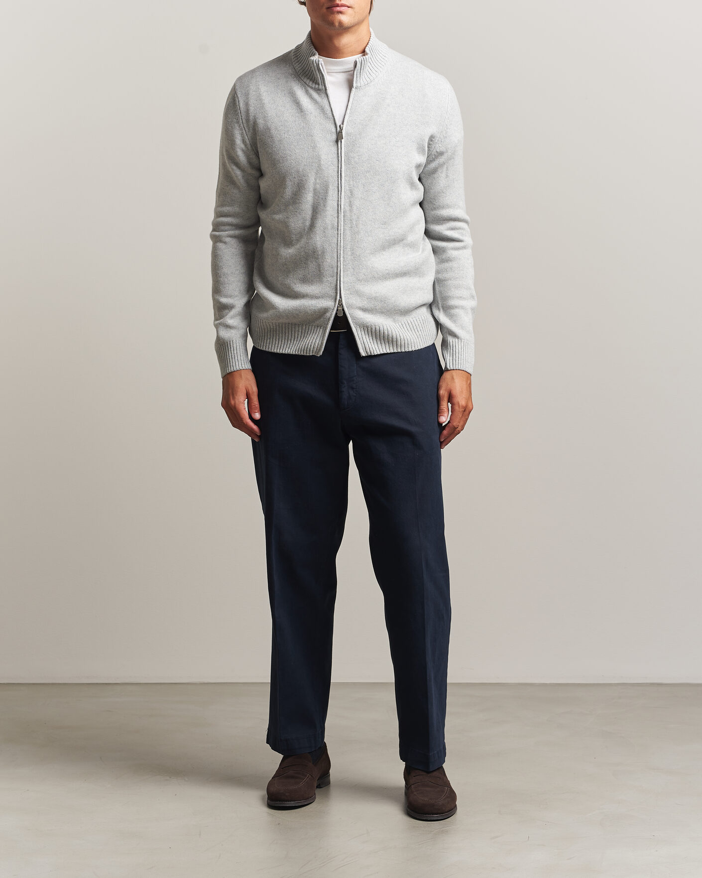 Mies | Puserot | Gran Sasso | Wool/Cashmere Full Zip Light Grey Melange
