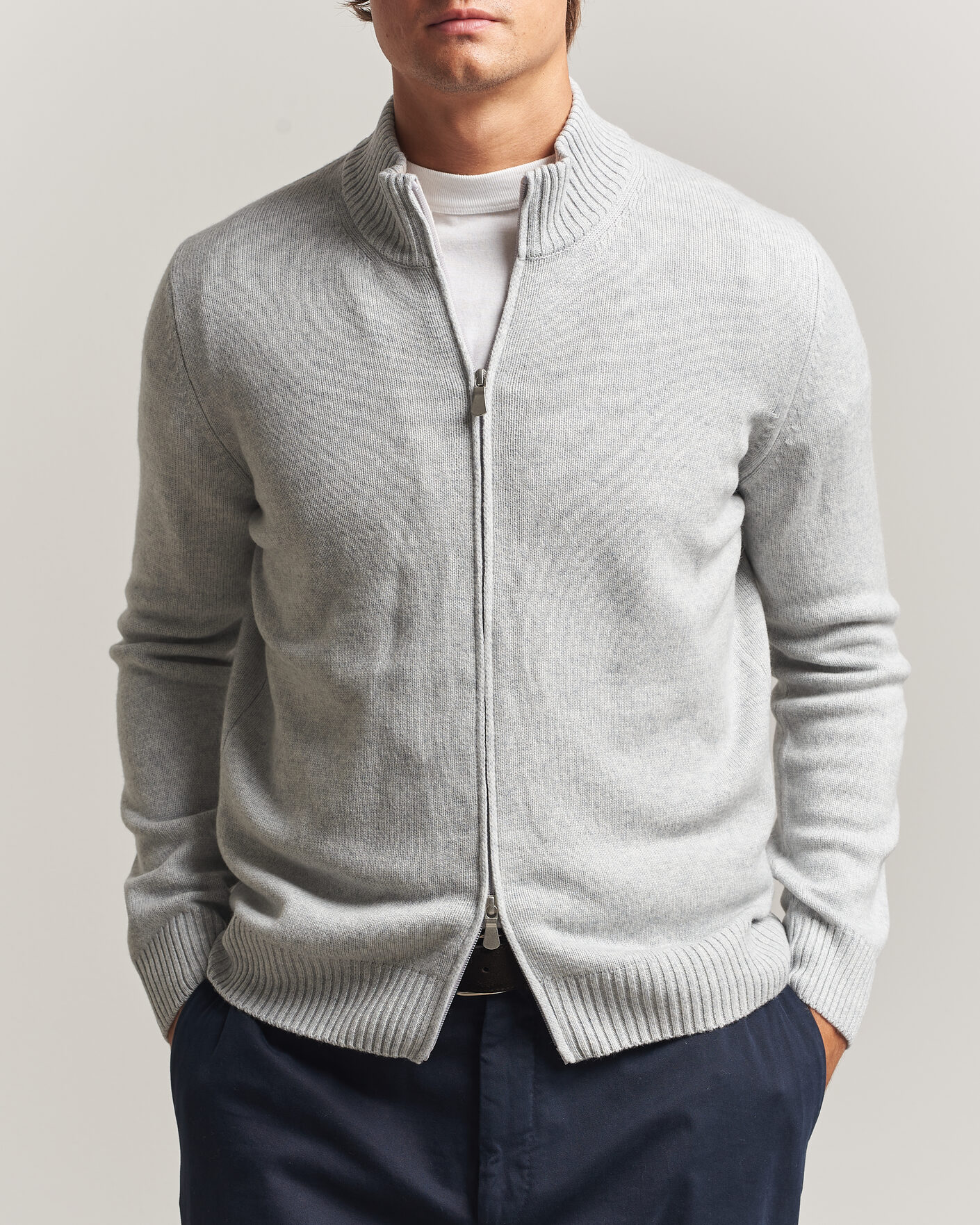 Mies | Puserot | Gran Sasso | Wool/Cashmere Full Zip Light Grey Melange