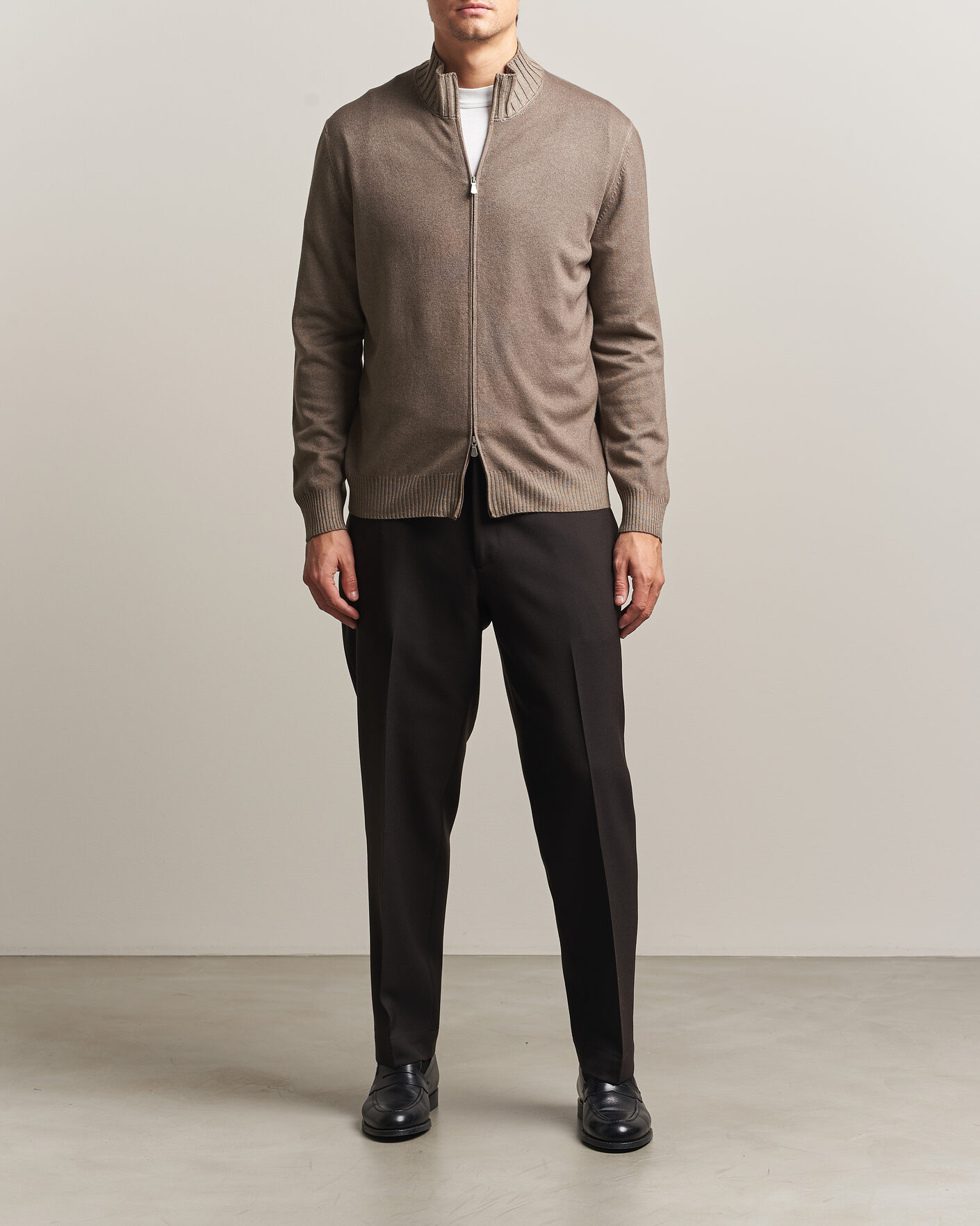 Mies | Puserot | Gran Sasso | Wool/Cashmere Washed Full Zip Brown Melange