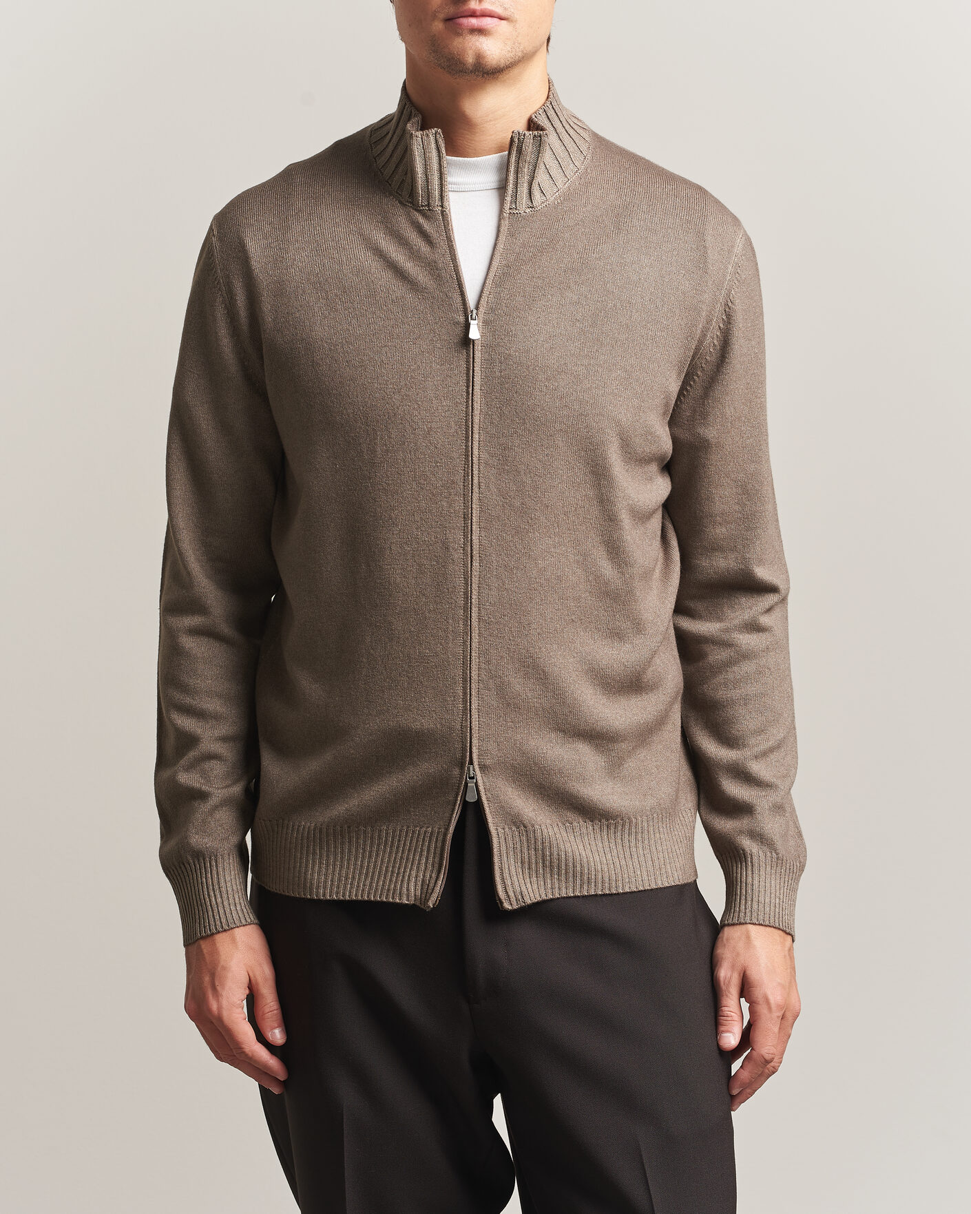 Mies | Puserot | Gran Sasso | Wool/Cashmere Washed Full Zip Brown Melange