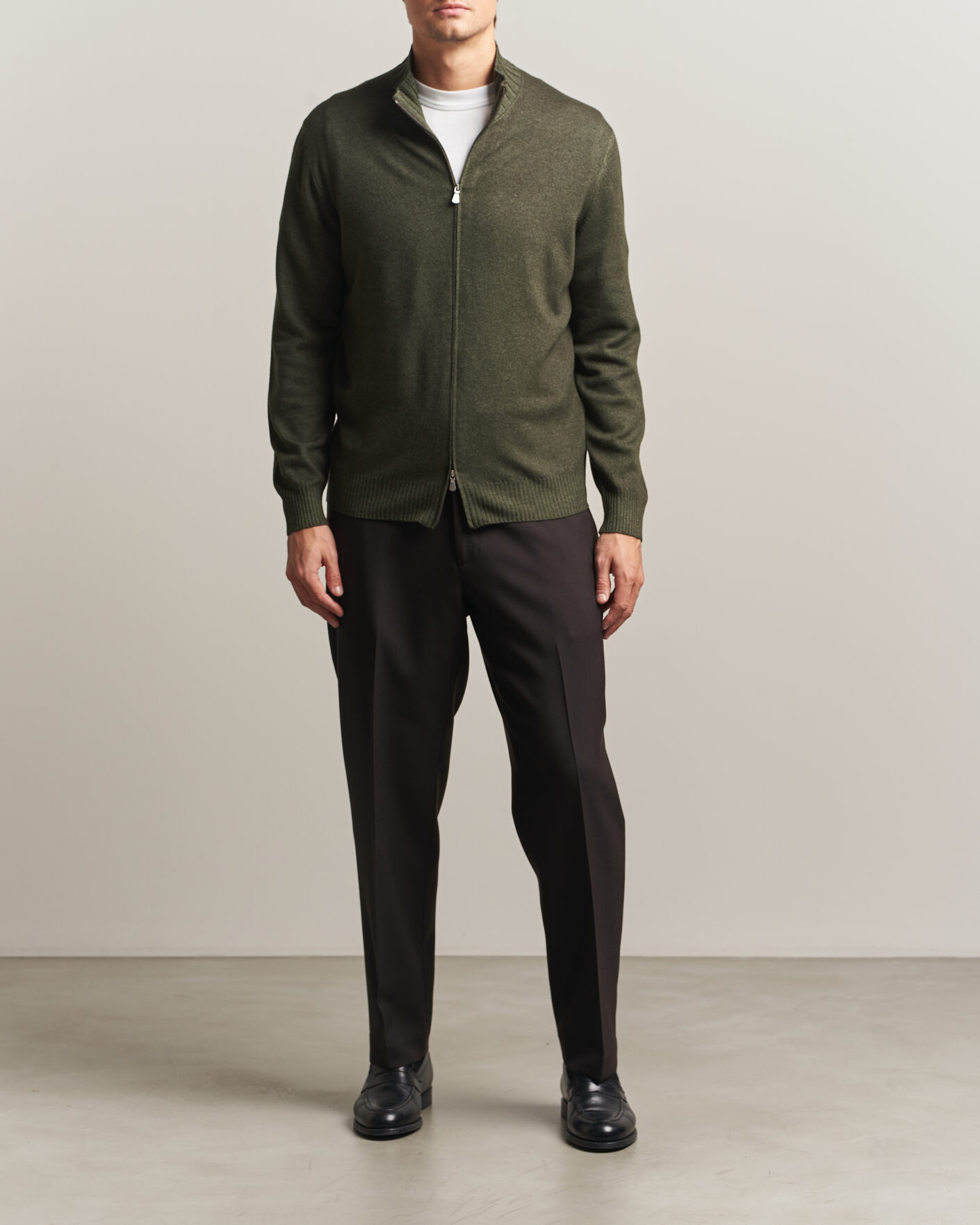 Mies | Puserot | Gran Sasso | Wool/Cashmere Washed Full Zip Olive Melange