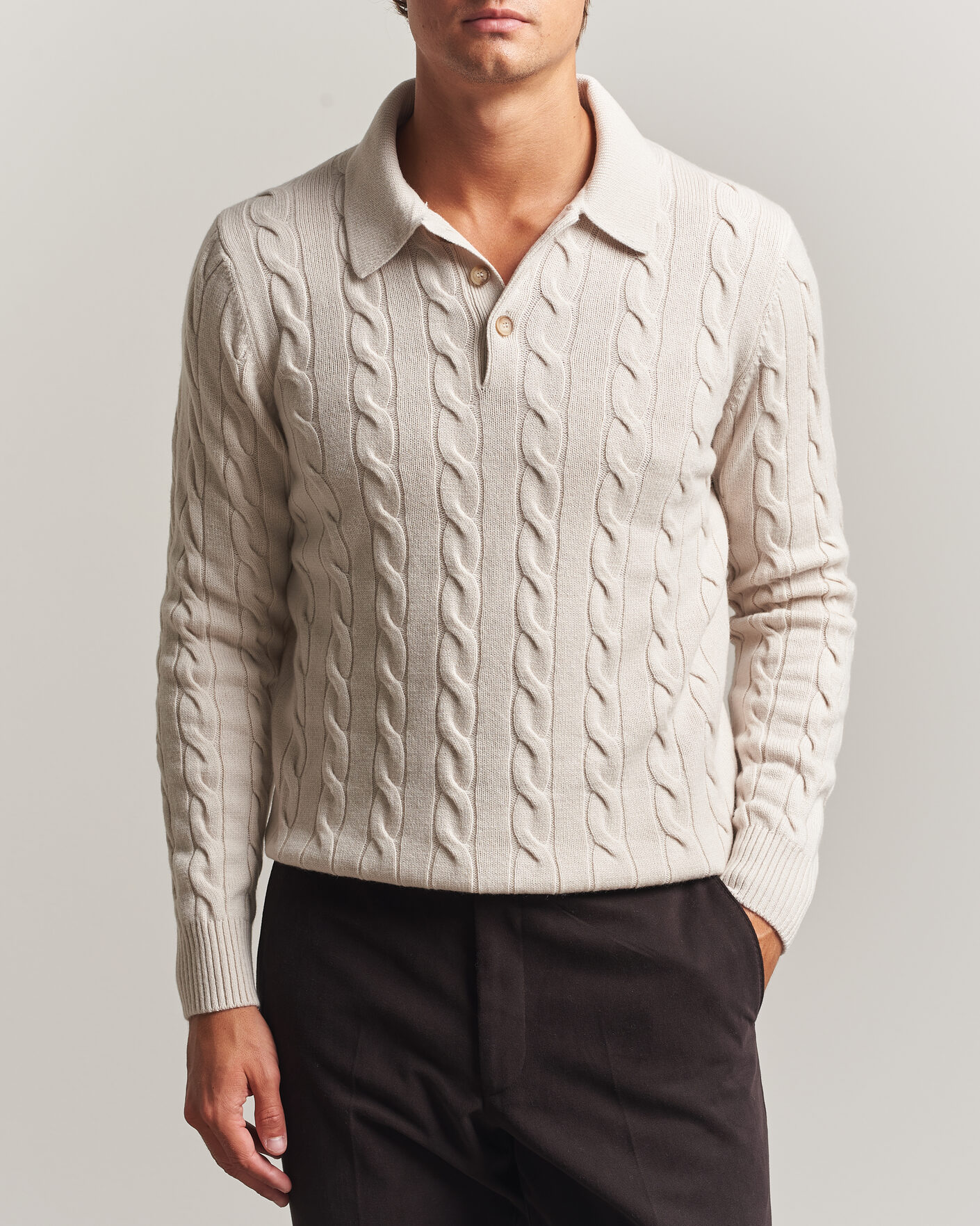 Mies | Puserot | Gran Sasso | Wool/Cashmere Cable Polo Beige Melange