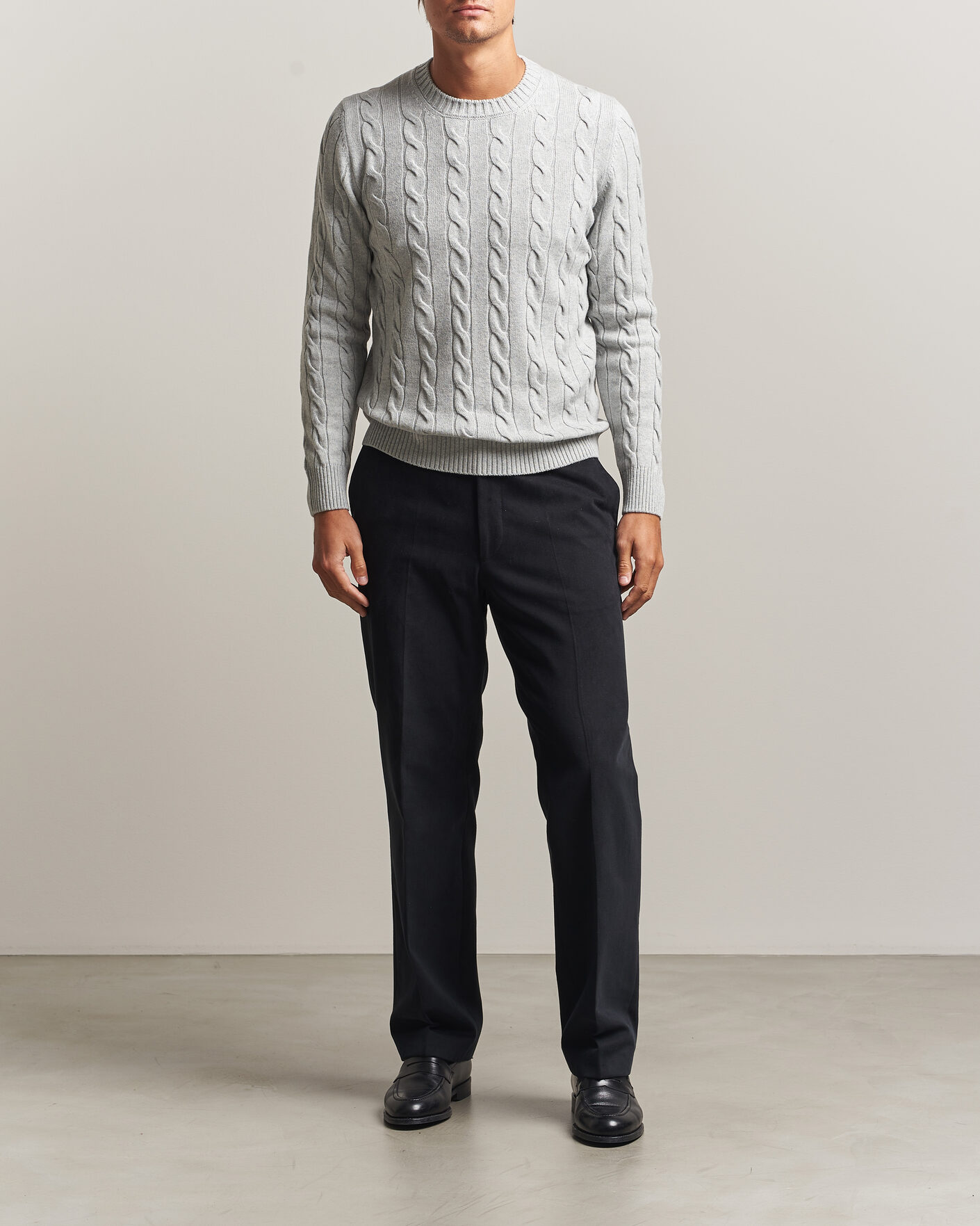 Mies | Puserot | Gran Sasso | Wool/Cashmere Cable Crew Neck Light Grey Melange