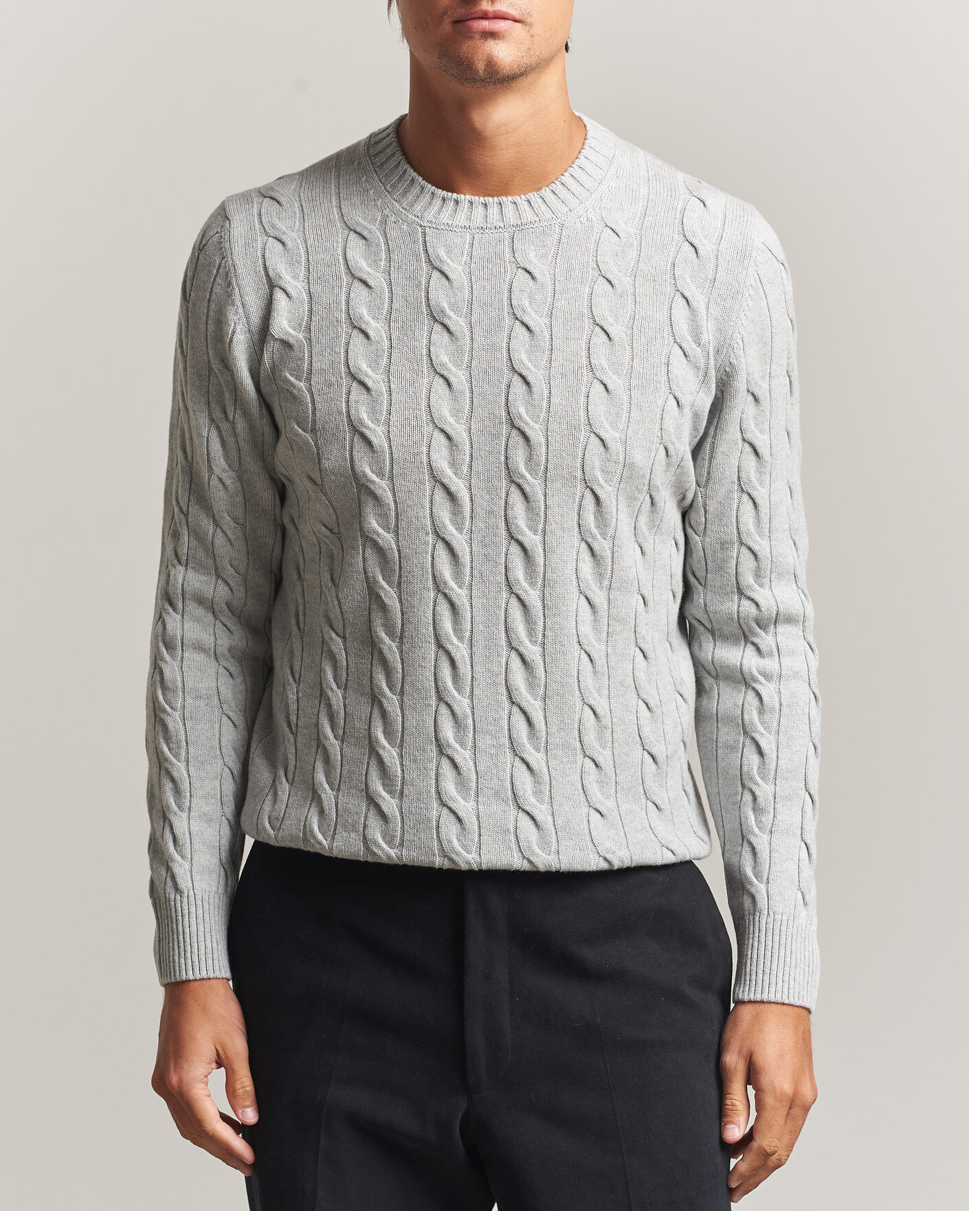 Mies | Puserot | Gran Sasso | Wool/Cashmere Cable Crew Neck Light Grey Melange