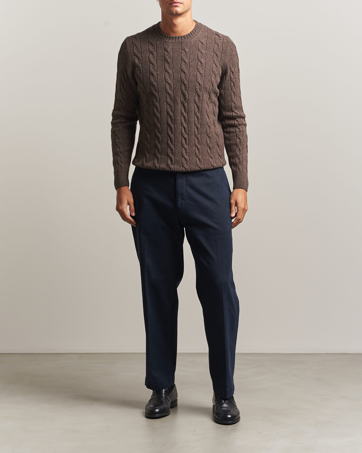 Mies | Puserot | Gran Sasso | Wool/Cashmere Cable Crew Neck Dark Brown Melange