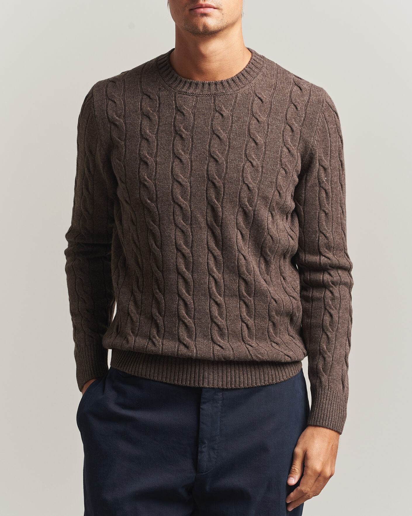 Mies | Puserot | Gran Sasso | Wool/Cashmere Cable Crew Neck Dark Brown Melange