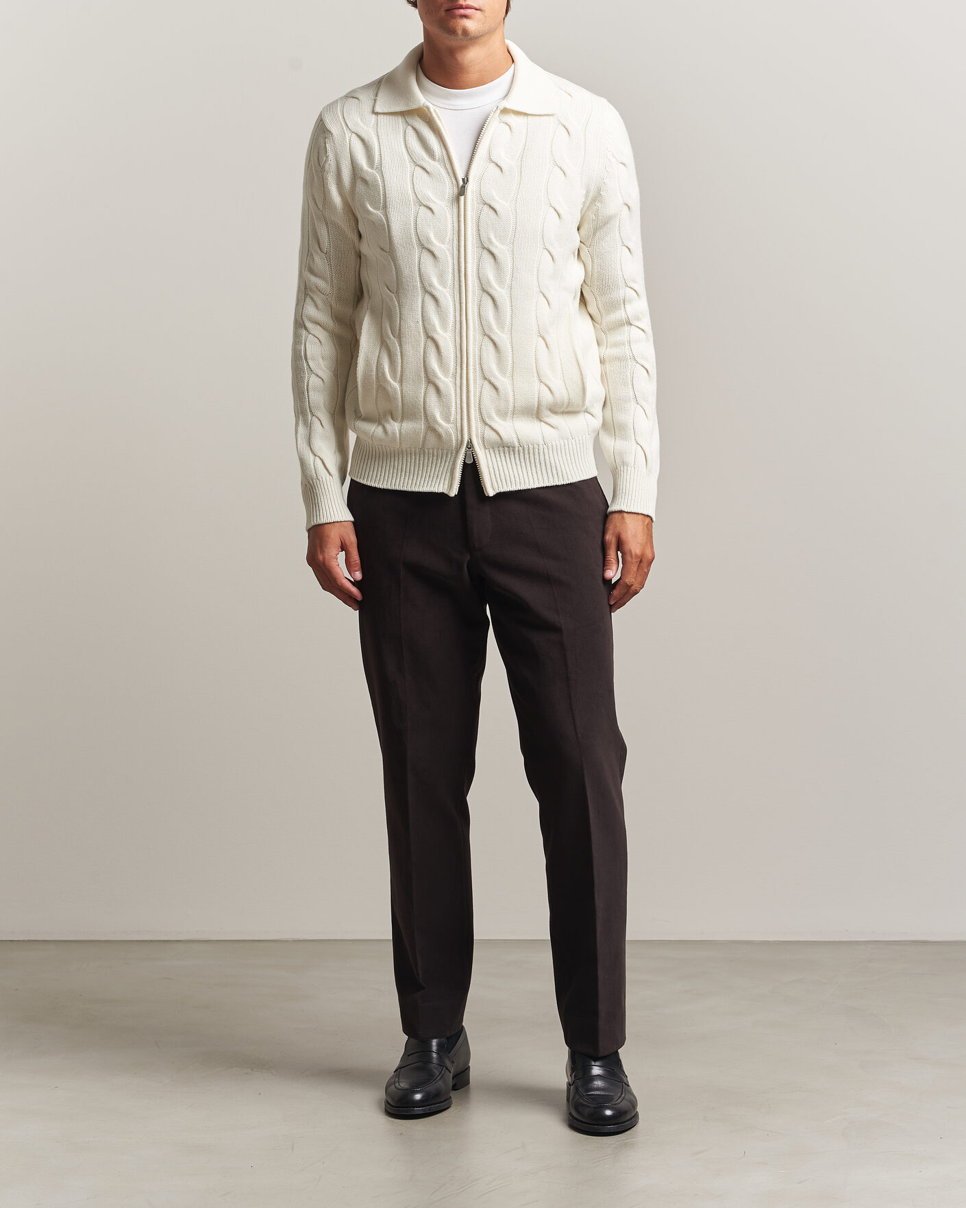 Mies | Puserot | Gran Sasso | Wool/Cashmere Cable Full Zip Cream