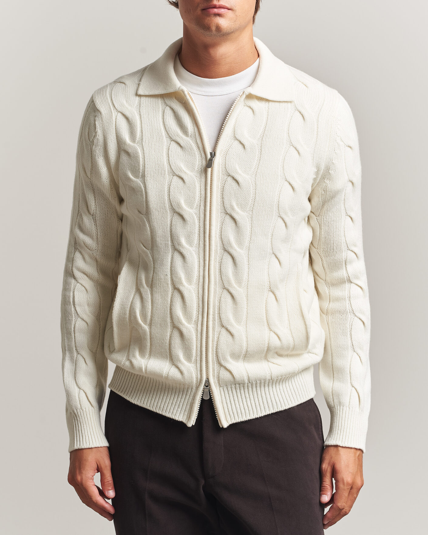 Mies | Puserot | Gran Sasso | Wool/Cashmere Cable Full Zip Cream