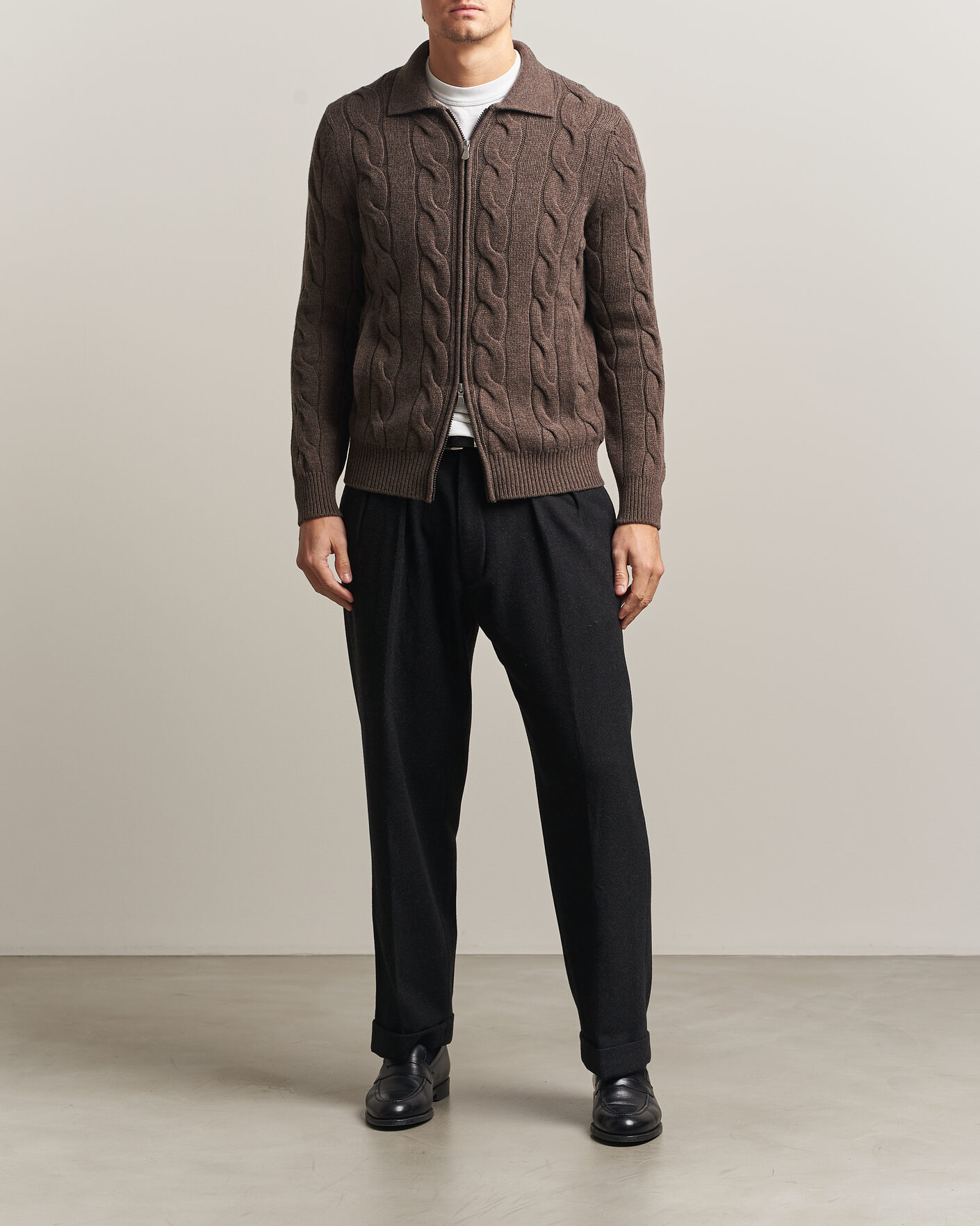 Mies | Puserot | Gran Sasso | Wool/Cashmere Cable Full Zip Dark Brown Melange