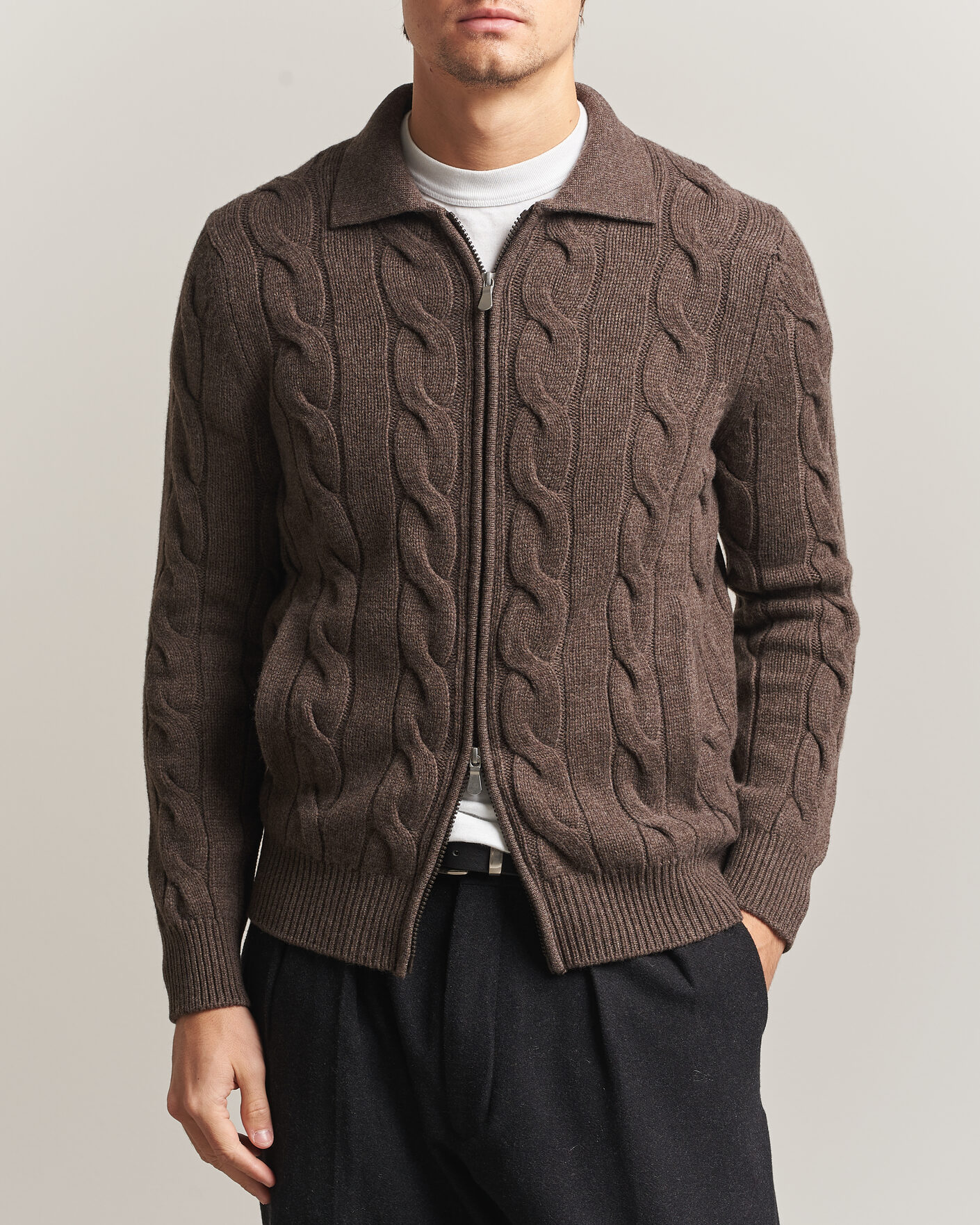Mies | Puserot | Gran Sasso | Wool/Cashmere Cable Full Zip Dark Brown Melange