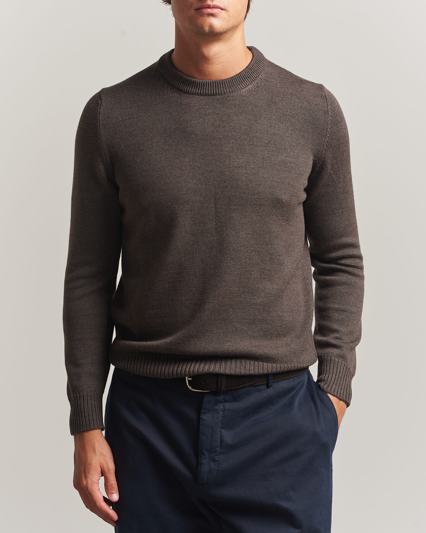 Mies | Puserot | Gran Sasso | Merino Knitted Crew Neck Brown Melange