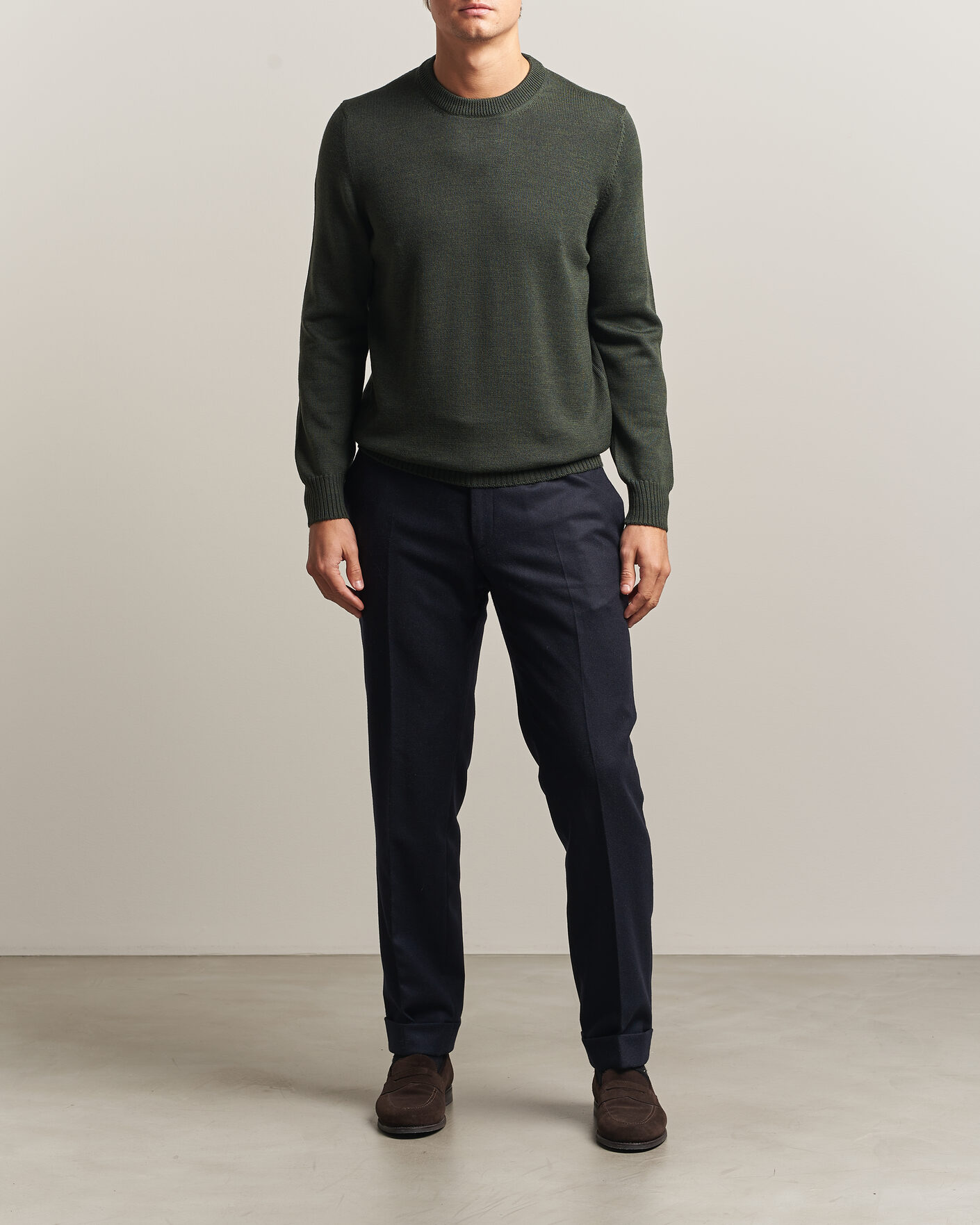 Mies | Puserot | Gran Sasso | Merino Knitted Crew Neck Olive Melange