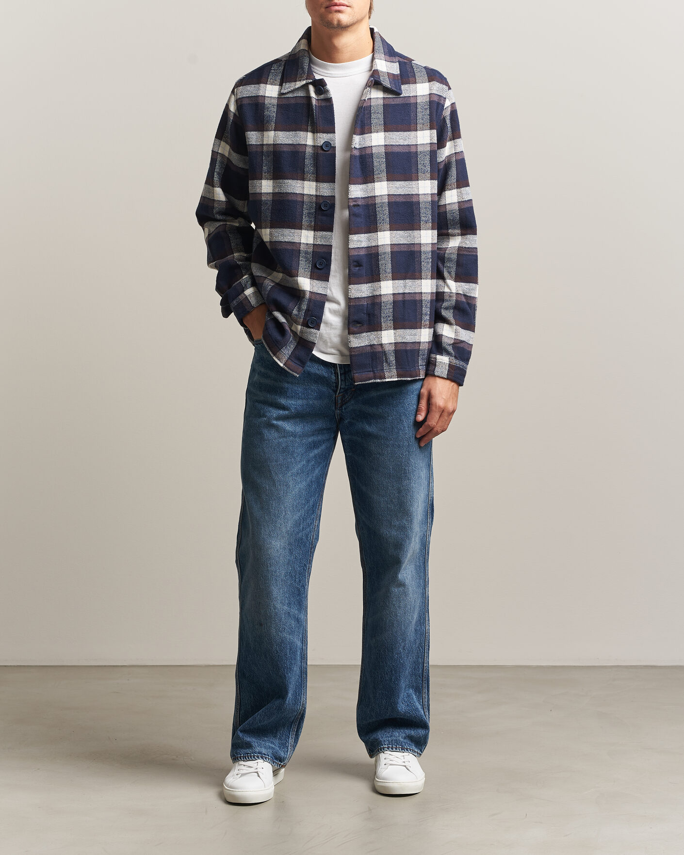 Mies | Kauluspaidat | KnowledgeCotton Apparel | Flannel Check Overshirt Navy
