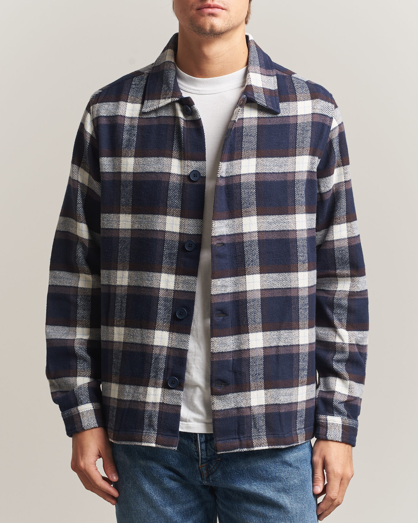 Mies | Kauluspaidat | KnowledgeCotton Apparel | Flannel Check Overshirt Navy