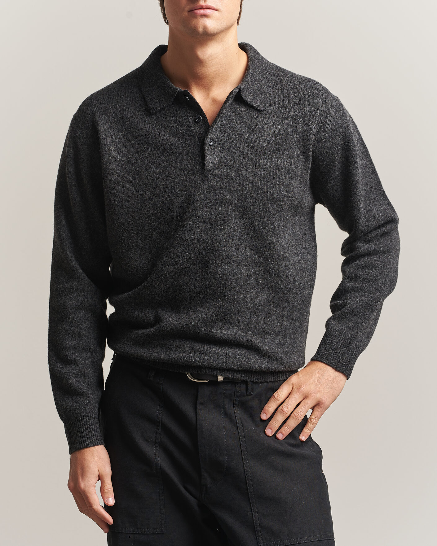 Mies | Puserot | BEAMS PLUS | Knitted Wool Polo Charcoal