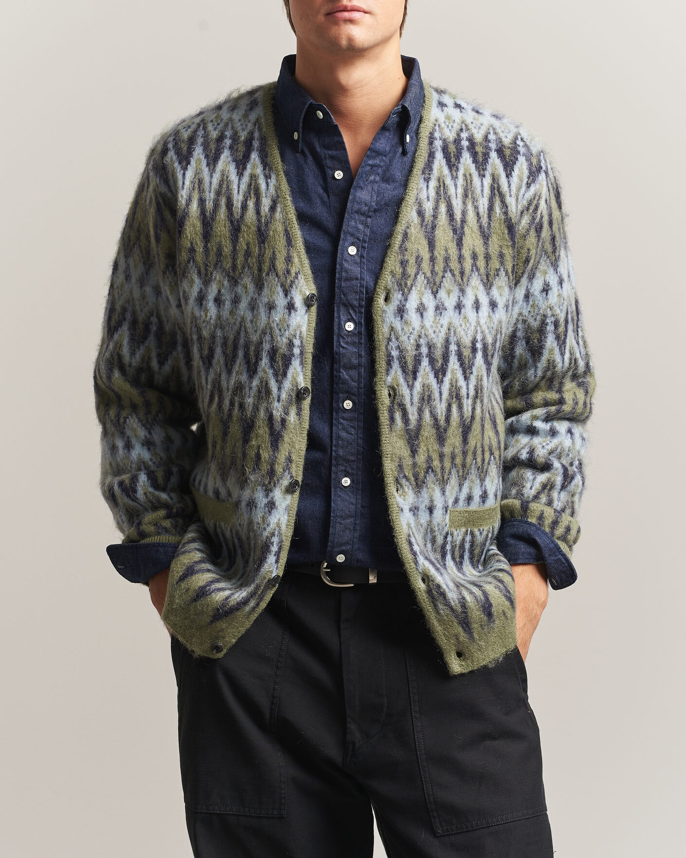 Mies | Puserot | BEAMS PLUS | Chevron Jacquard Cardigan Green/Grey