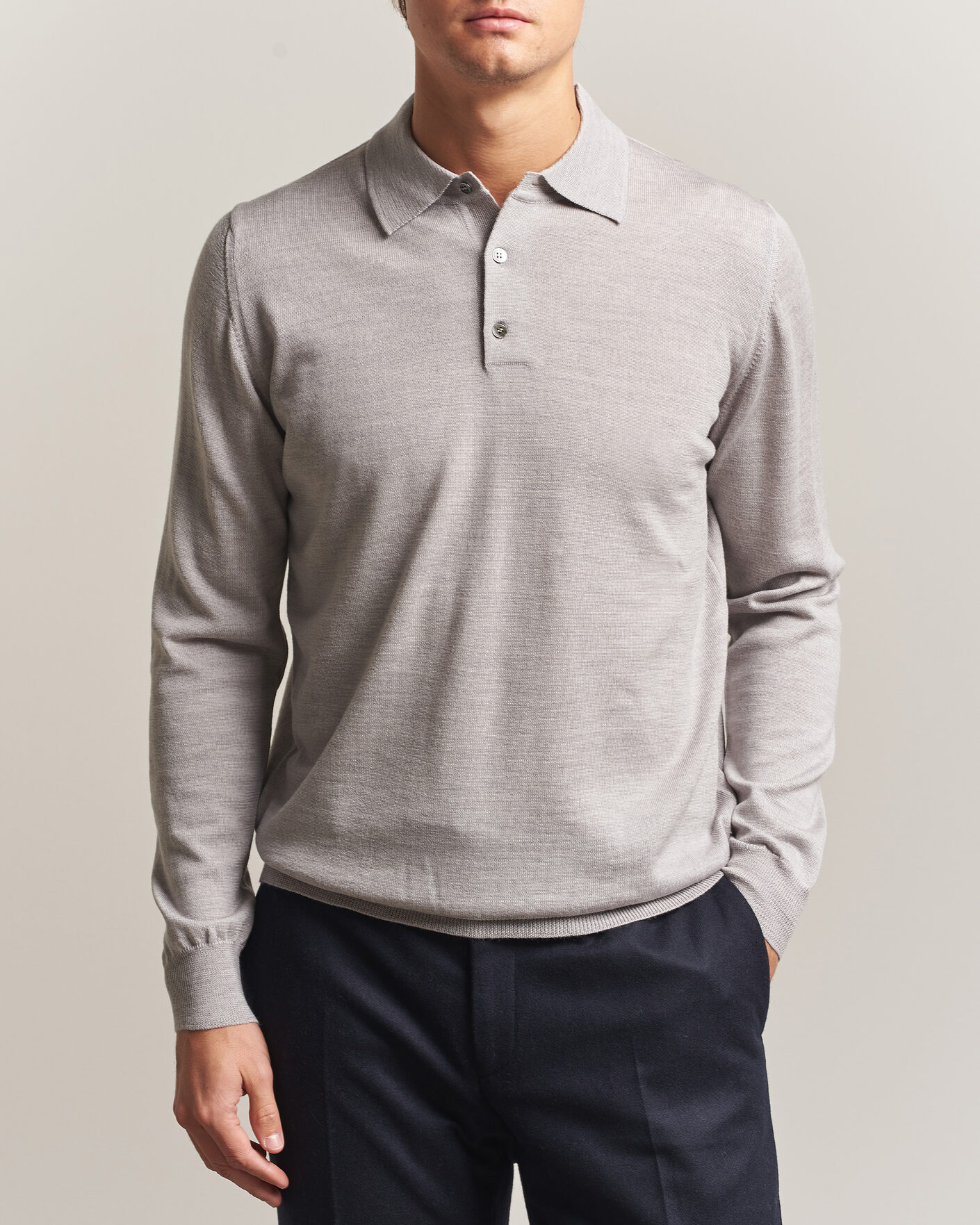 Mies | Puserot | Morgano | Extra Fine Merino Wool Polo Light Grey