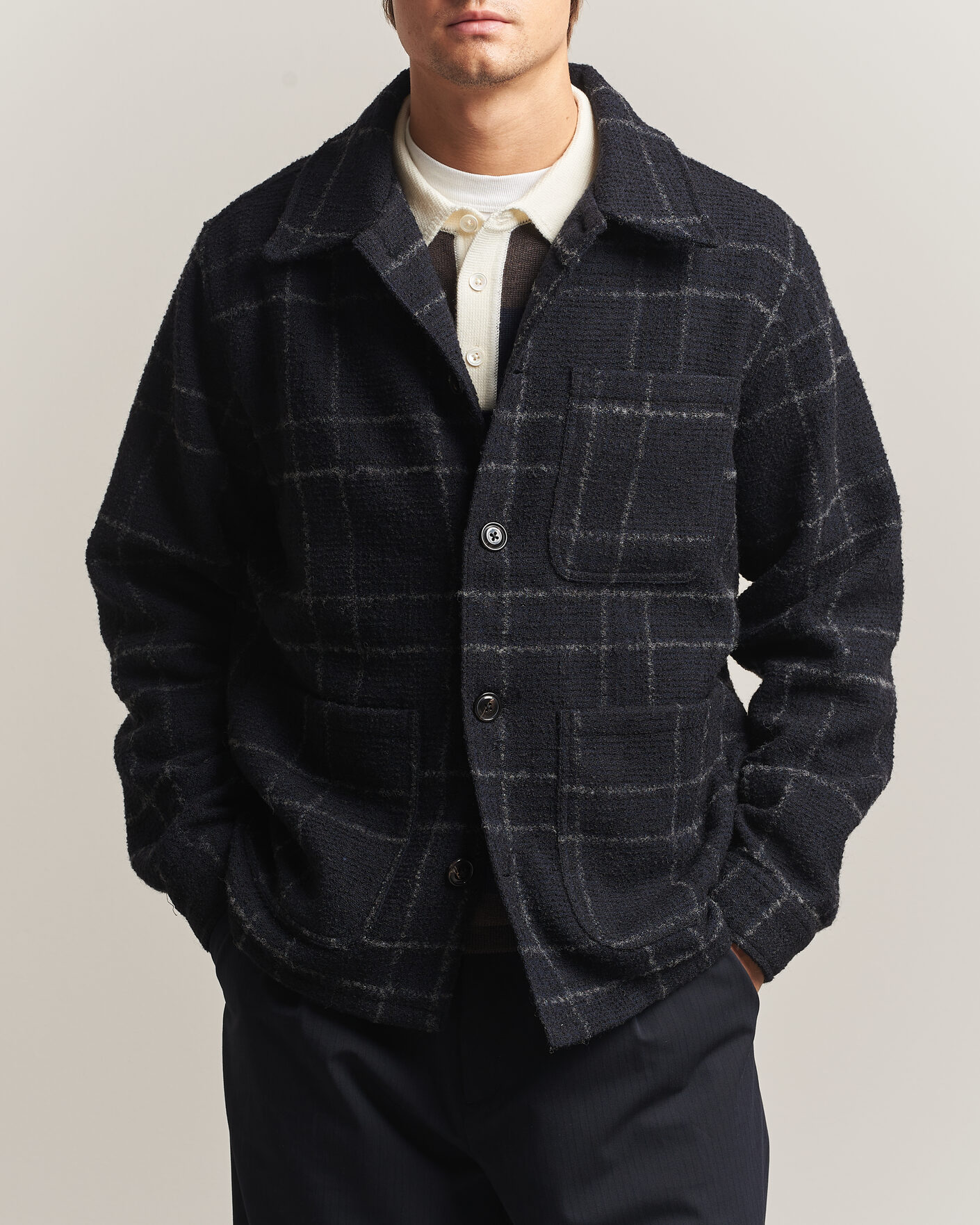 Mies | Kauluspaidat | A Day's March | Algot Wool Checked Overshirt Navy