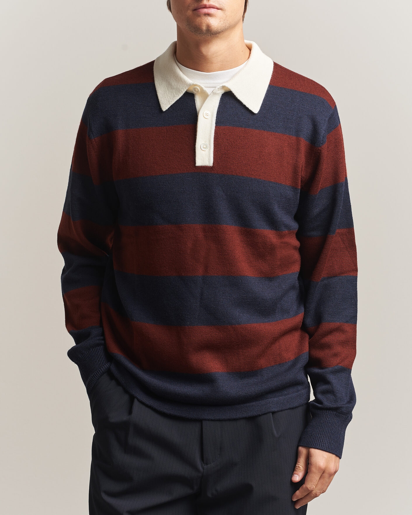 Mies | Puserot | A Day's March | Kenny Striped Merino Rugby Sweater Rust/Navy