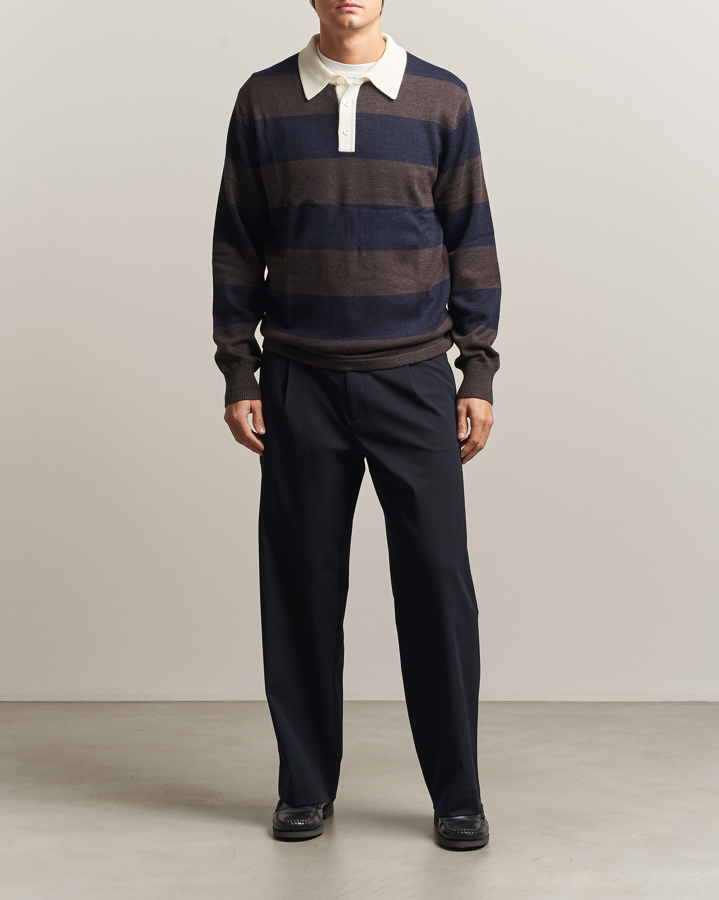 Mies | Puserot | A Day's March | Kenny Striped Merino Rugby Sweater Brown/Navy