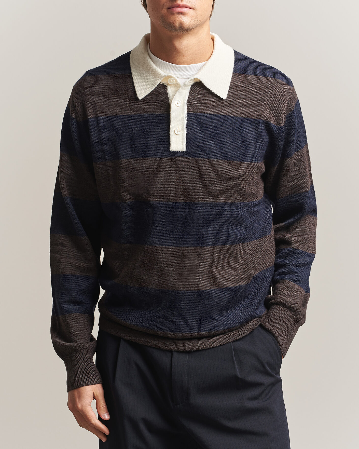 Mies | Puserot | A Day's March | Kenny Striped Merino Rugby Sweater Brown/Navy