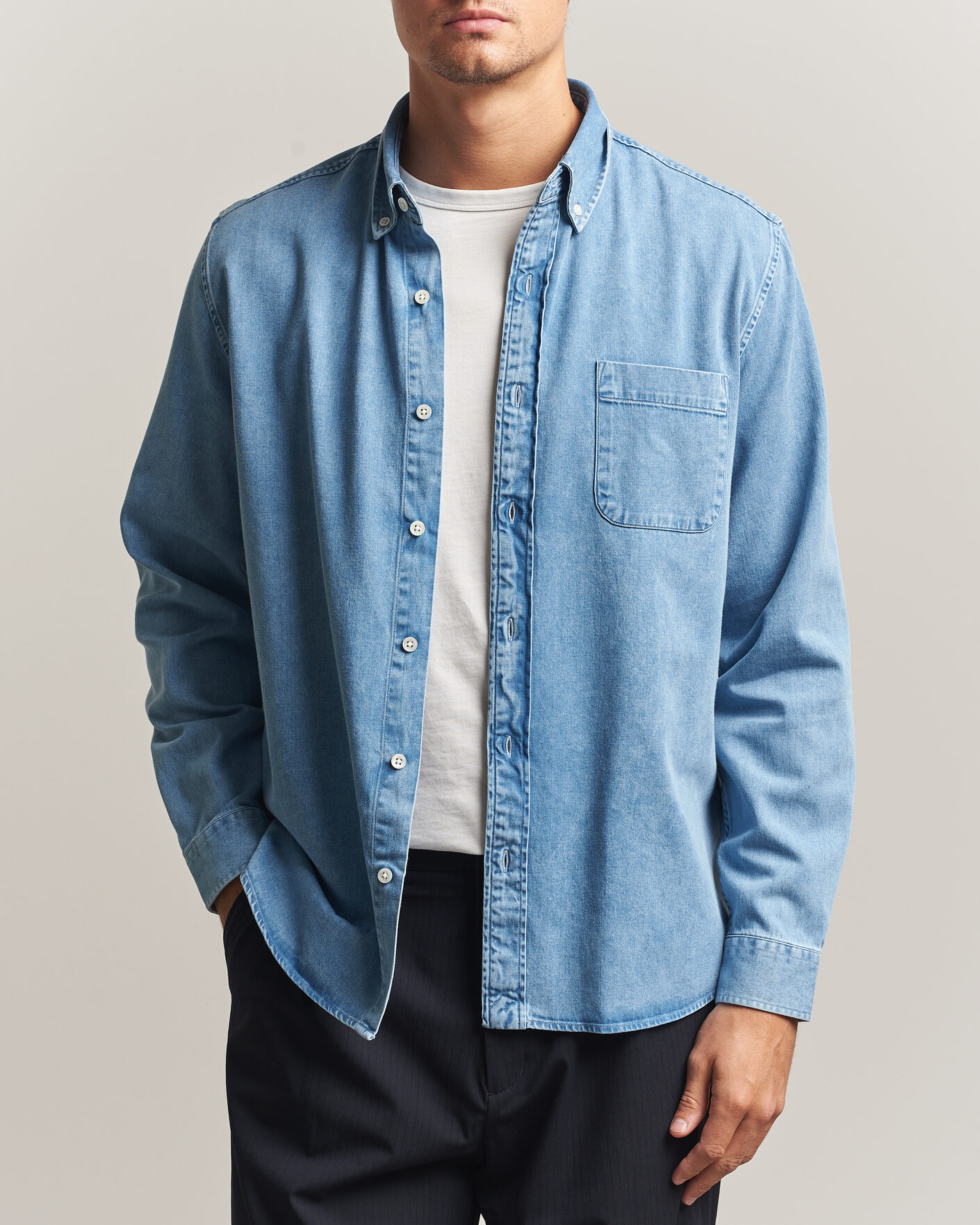 Mies | Kauluspaidat | A Day's March | Original Button Down Denim Shirt Light Blue