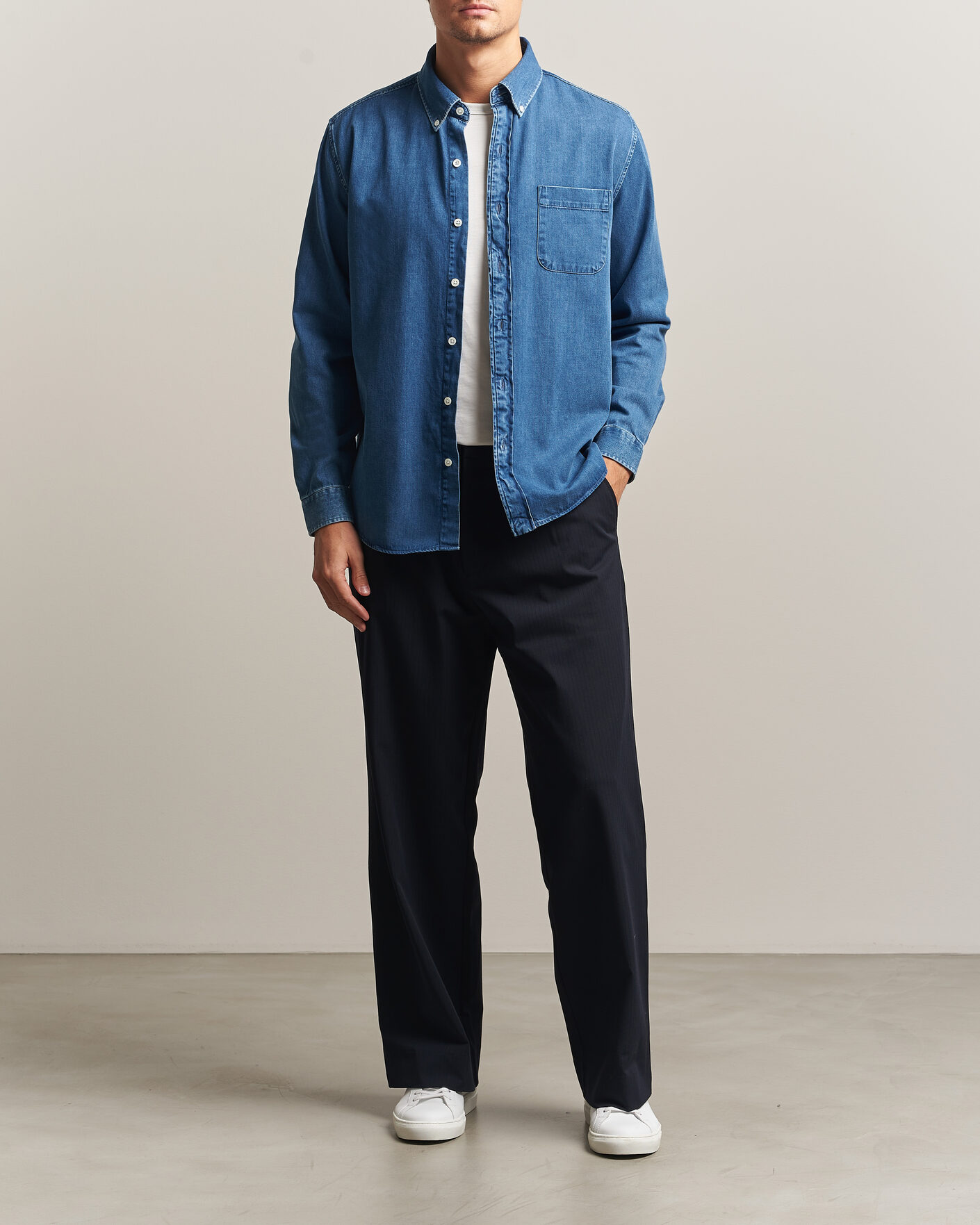 Mies | Kauluspaidat | A Day's March | Original Button Down Denim Shirt Mid Blue