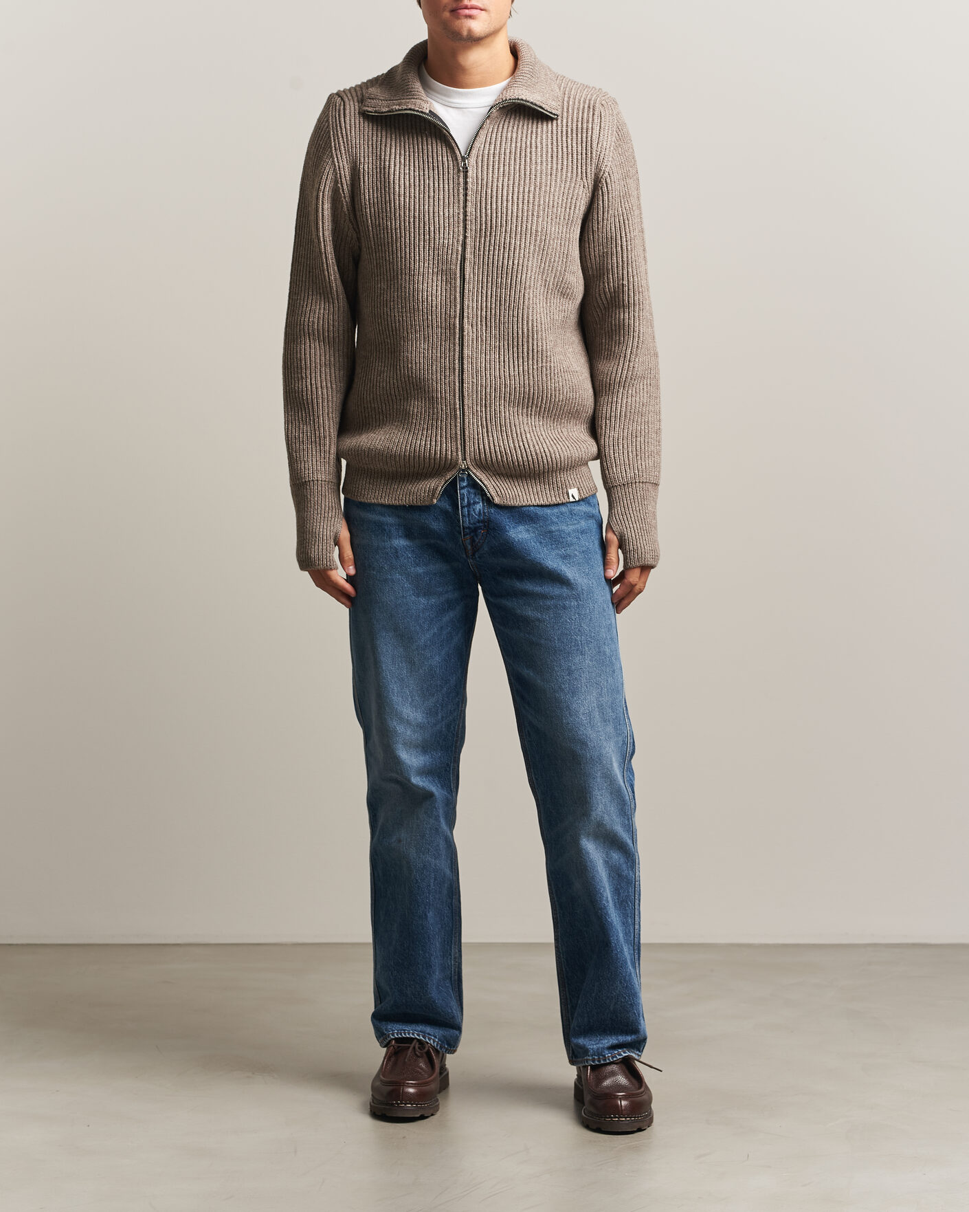 Mies | Puserot | Peregrine | Fisherman Merino Zip Cardigan Light Brown