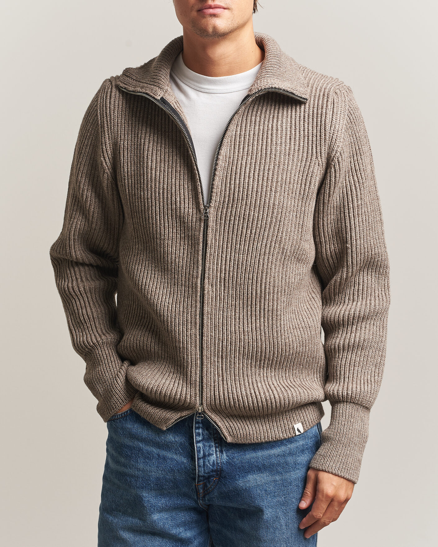 Mies | Puserot | Peregrine | Fisherman Merino Zip Cardigan Light Brown