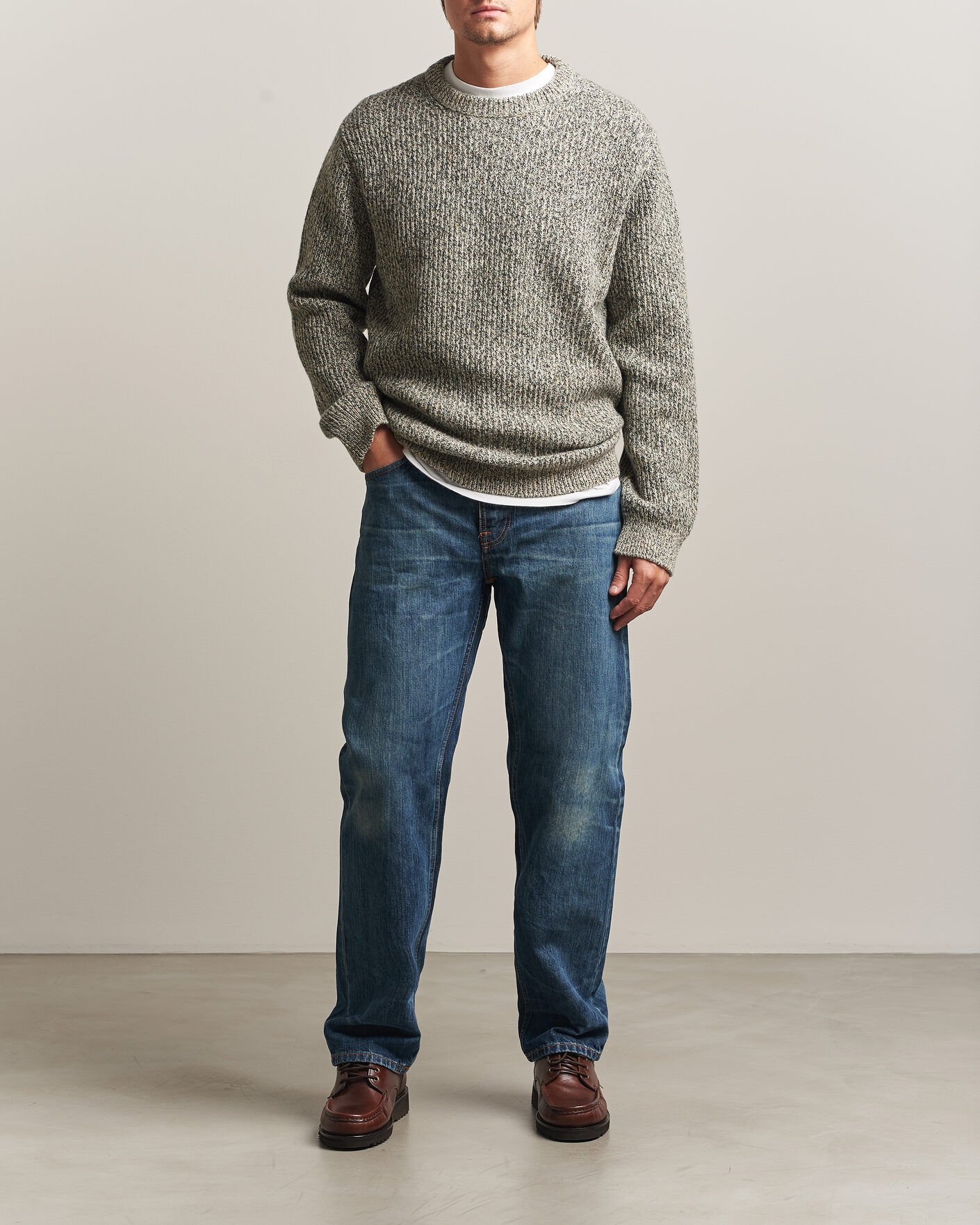 Mies | Puserot | Nudie Jeans | August Wool Rib Knitted Sweater Green Melange