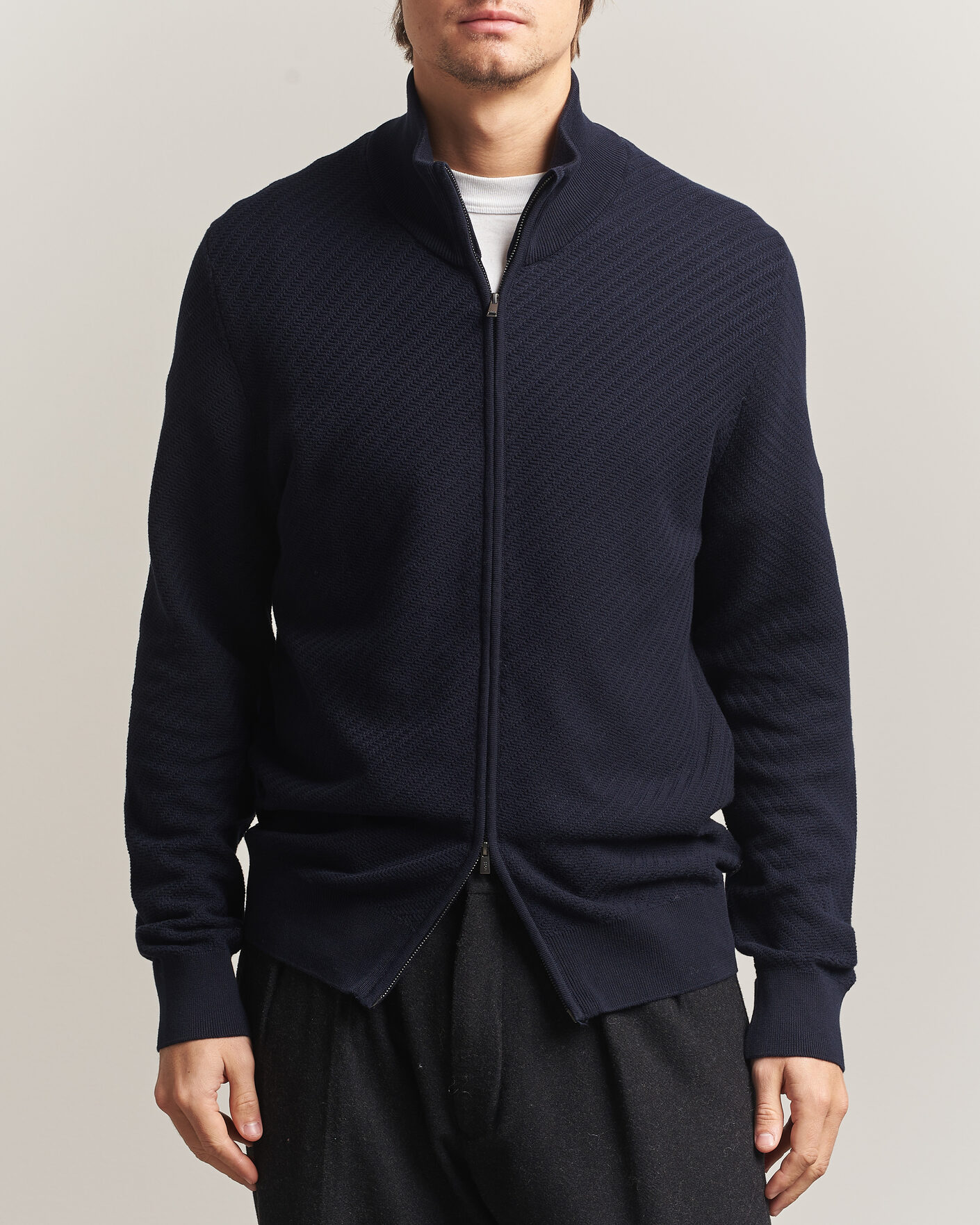 Mies | Puserot | BOSS BLACK | Loretti Cotton Knitted Full Zip Dark Blue