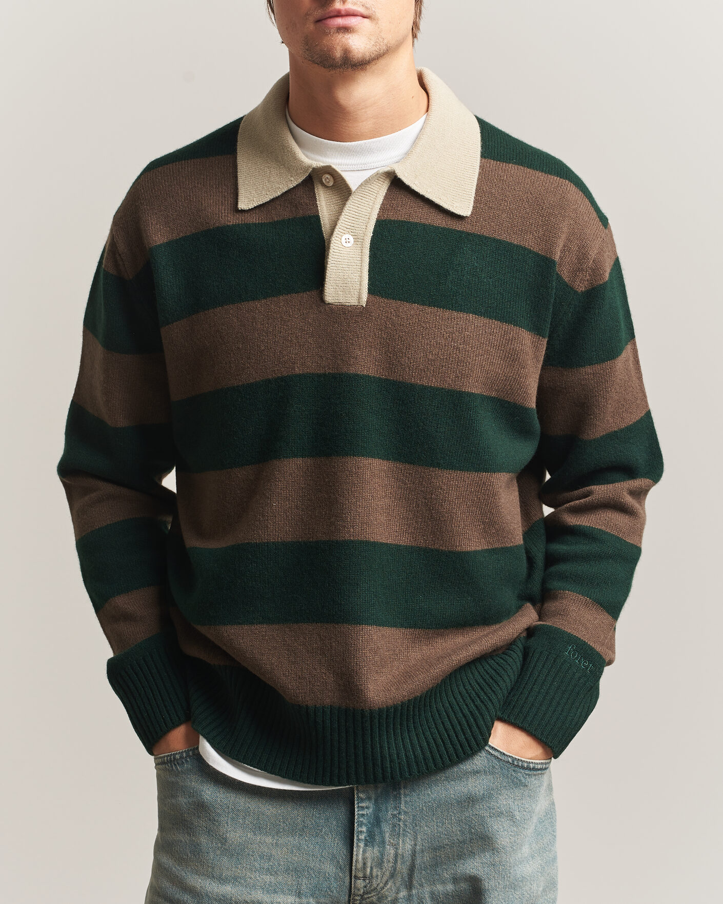 Mies | Puserot | Forét | Frost Stripe Knit Polo Deep Green