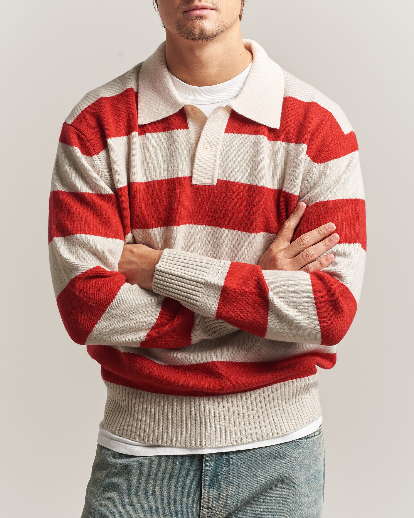 Mies | Puserot | Forét | Frost Stripe Knit Polo Red