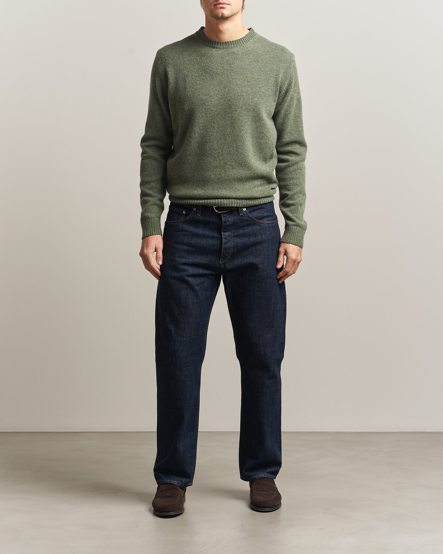 Mies | Puserot | Stenströms | Knitted Lambswool Crew Neck Light Army Green Melange